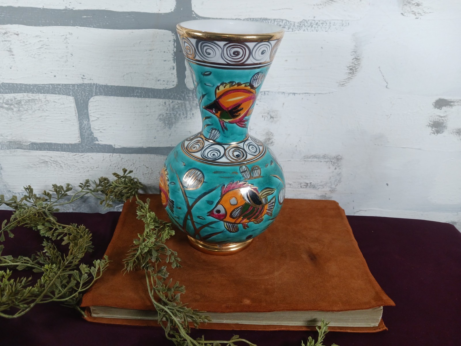 Fish Underwater Vase Handmade Greece Pottery Turquoise Shows Ware Inside Rim