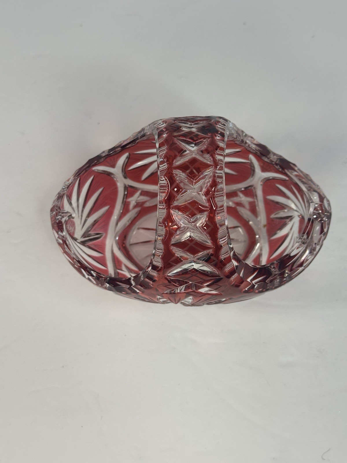 Bohemia Cranberry Cut Glass Floral Basket Centerpiece Vintage Poland MCM Classic