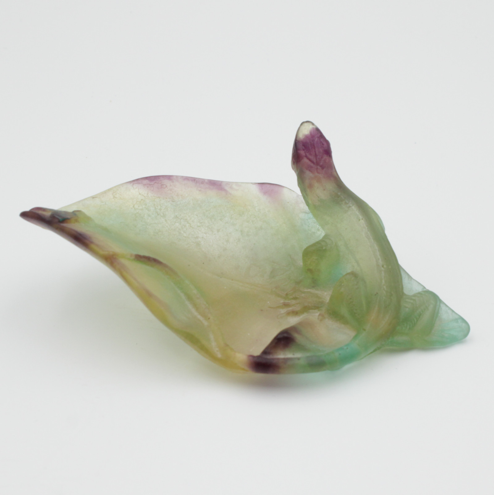 Signed Daum France Pate de Verre Salamander Lizard Leaf Dish Art Glass Vide Poch
