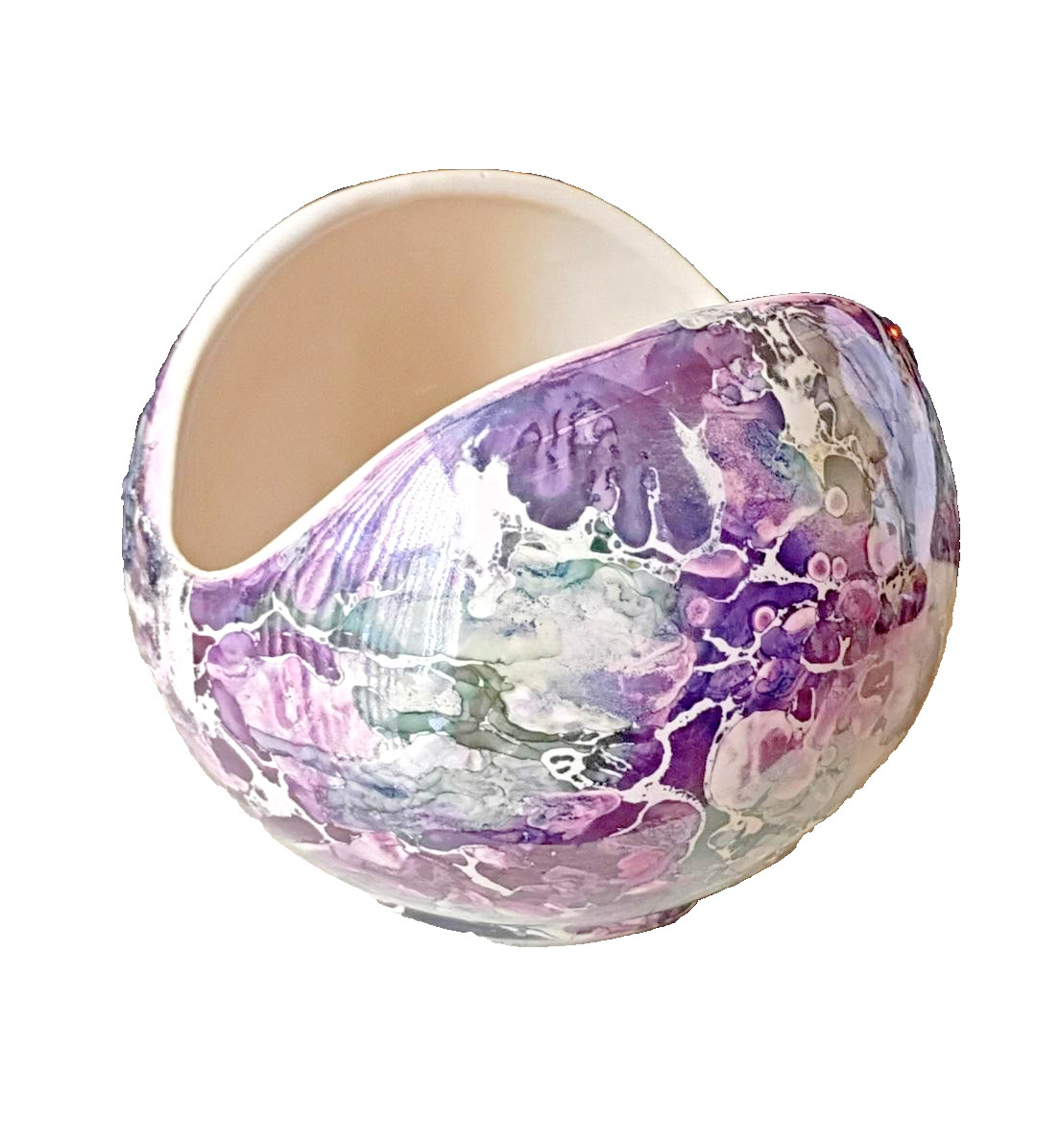 VINTAGE 1961 McCOY POTTERY CASCADE LINE BALL VASE PURPLE LUSTER MARBLED MCM ORB