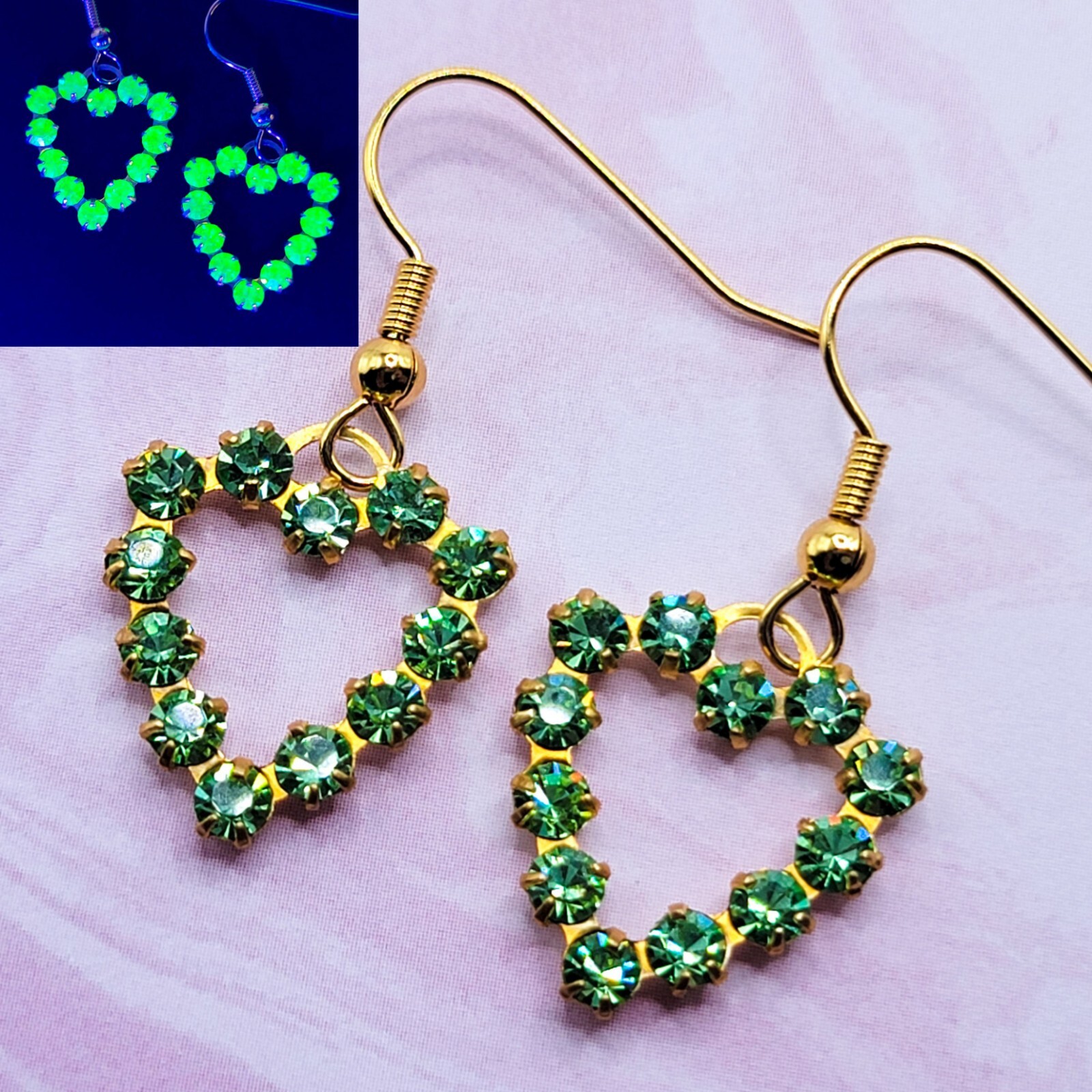 Jeweled Uranium Glass Heart Earrings Green Vintage Gems 1970s