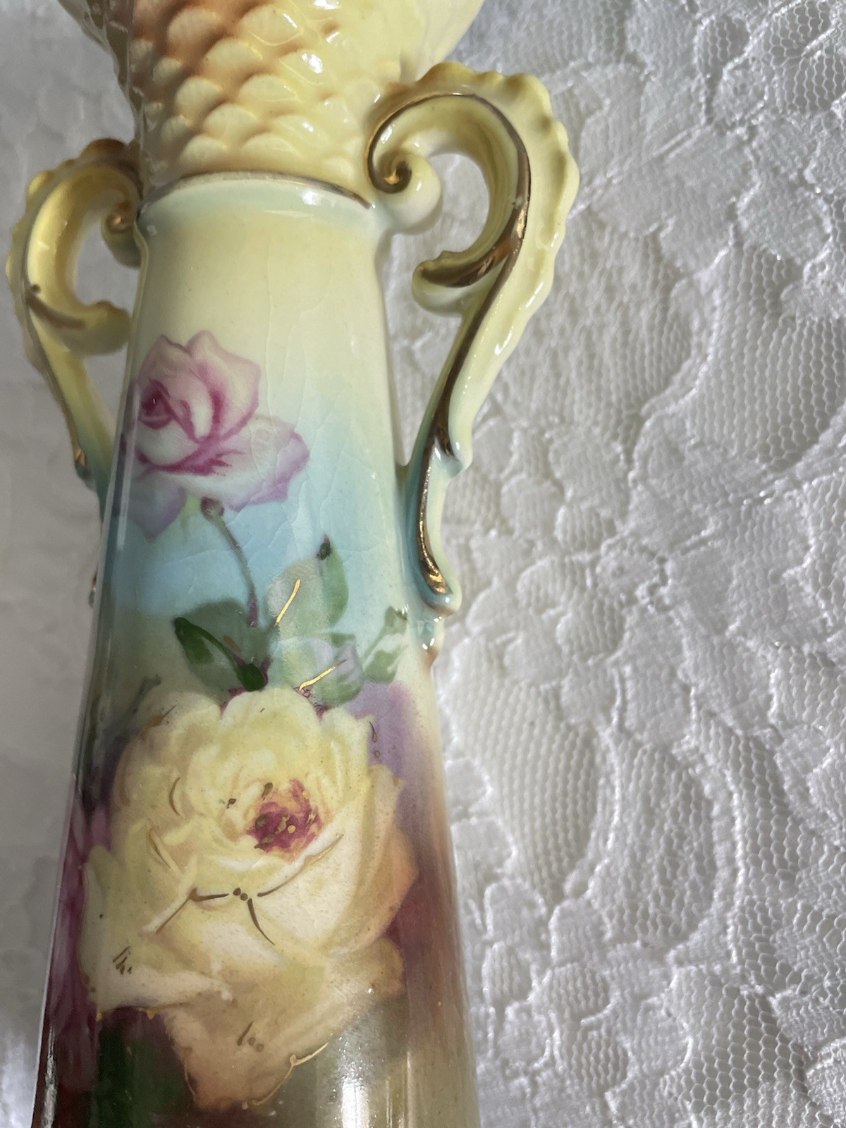 Antique Austria Hand Painted Floral Rose Porcelain Vase Handled 8”