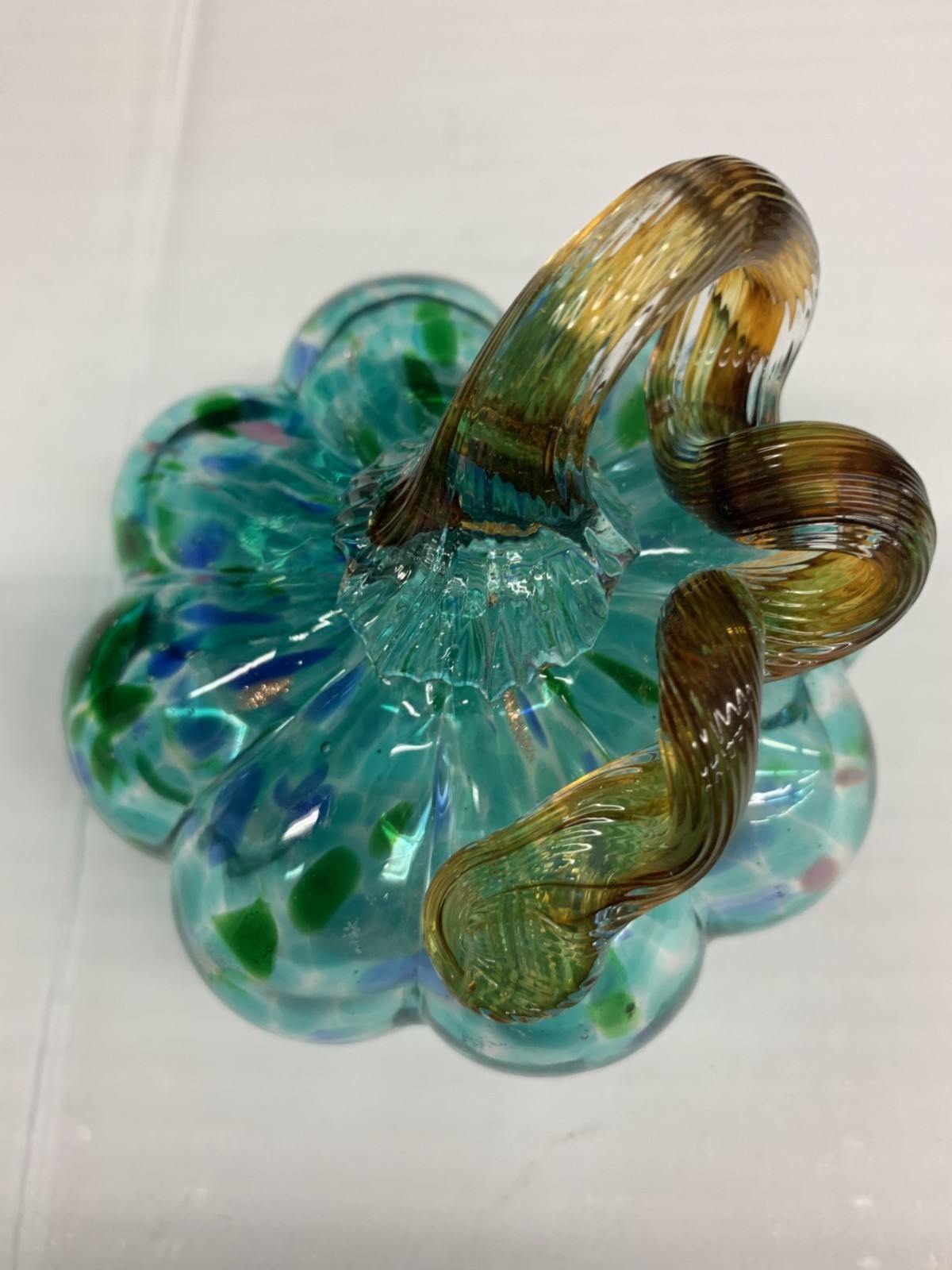 Hand Blown Art Glass Pumpkin 3″ X 3.5″ Turquoise w/Pink And Green & Gold Stem