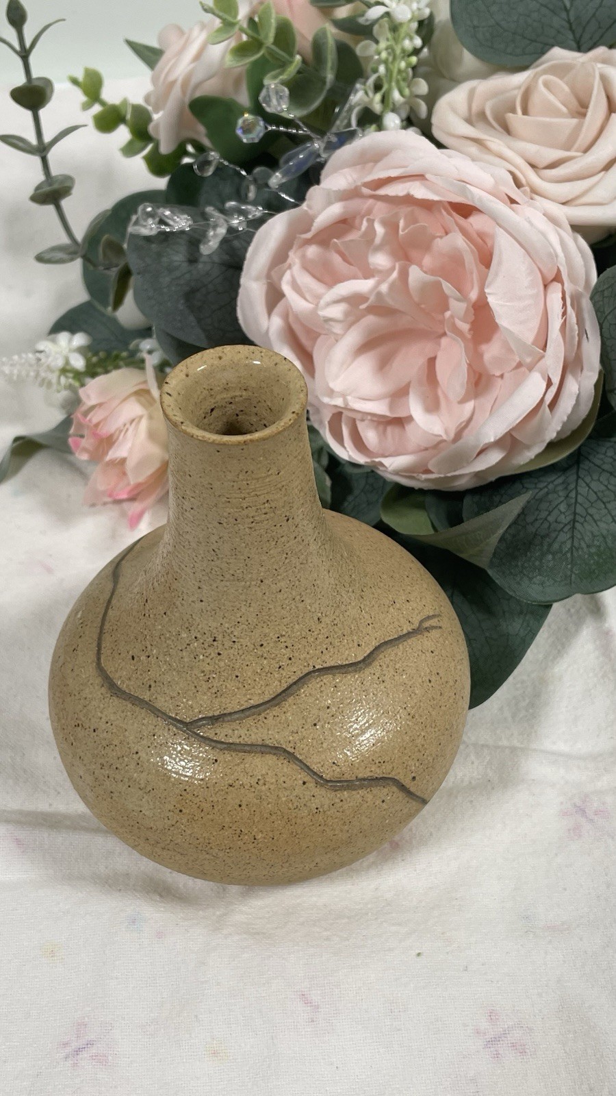 Beige/Gray Ceramic Art Pottery Bud Vase, Abstract Pattern, Glossy, 5.5 in