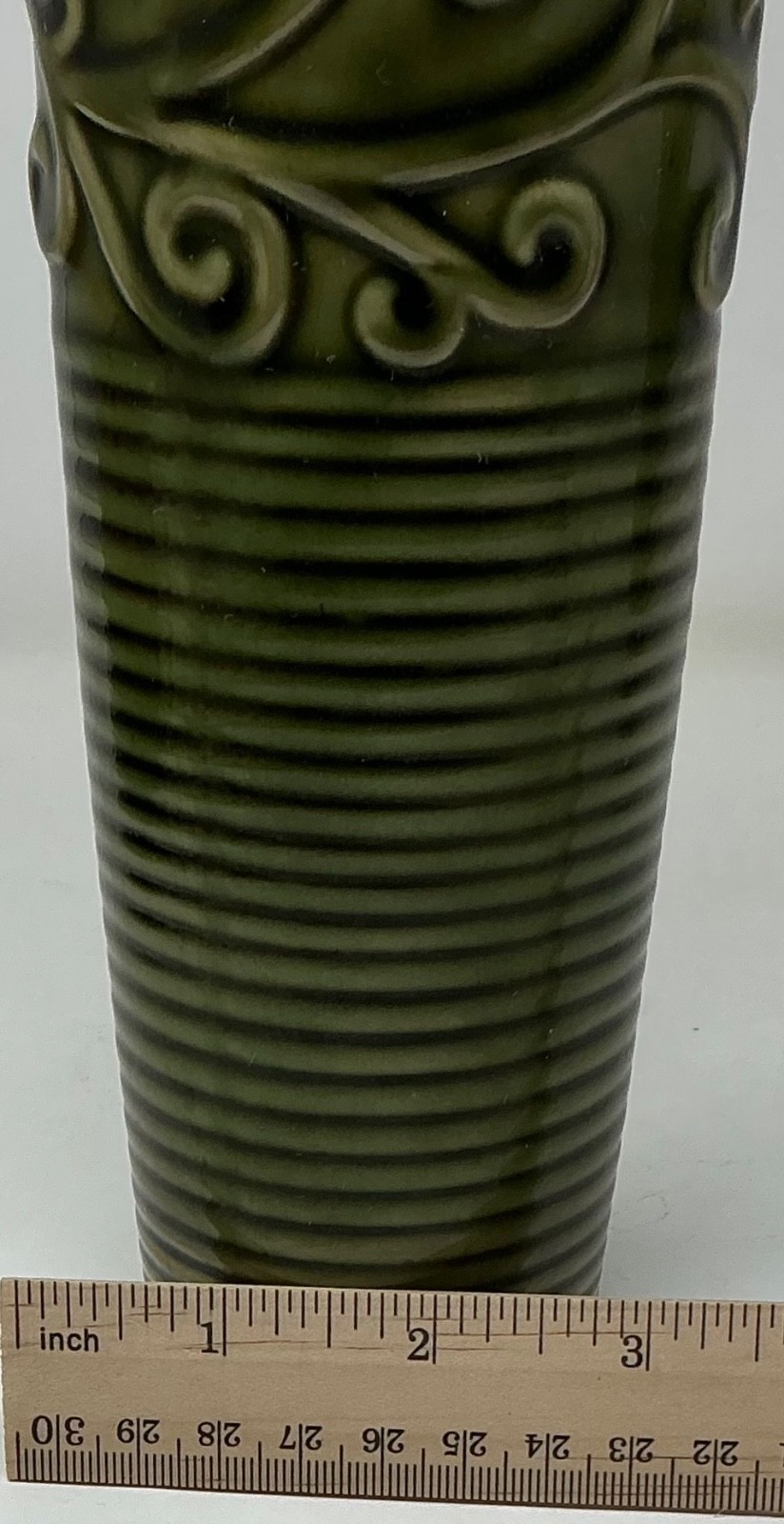 Vintage 1980’s Studio Art Pottery Vase Green Ribbed Tube w/ Scrolling 12” X 3 “