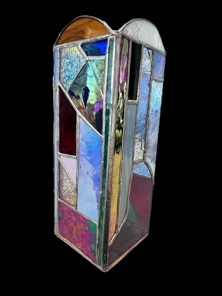 SIGNED HANDMADE MULTI COLORED STAINED GLASS 11 1/4″ TALL X 4″ RECTANGULAR VASE