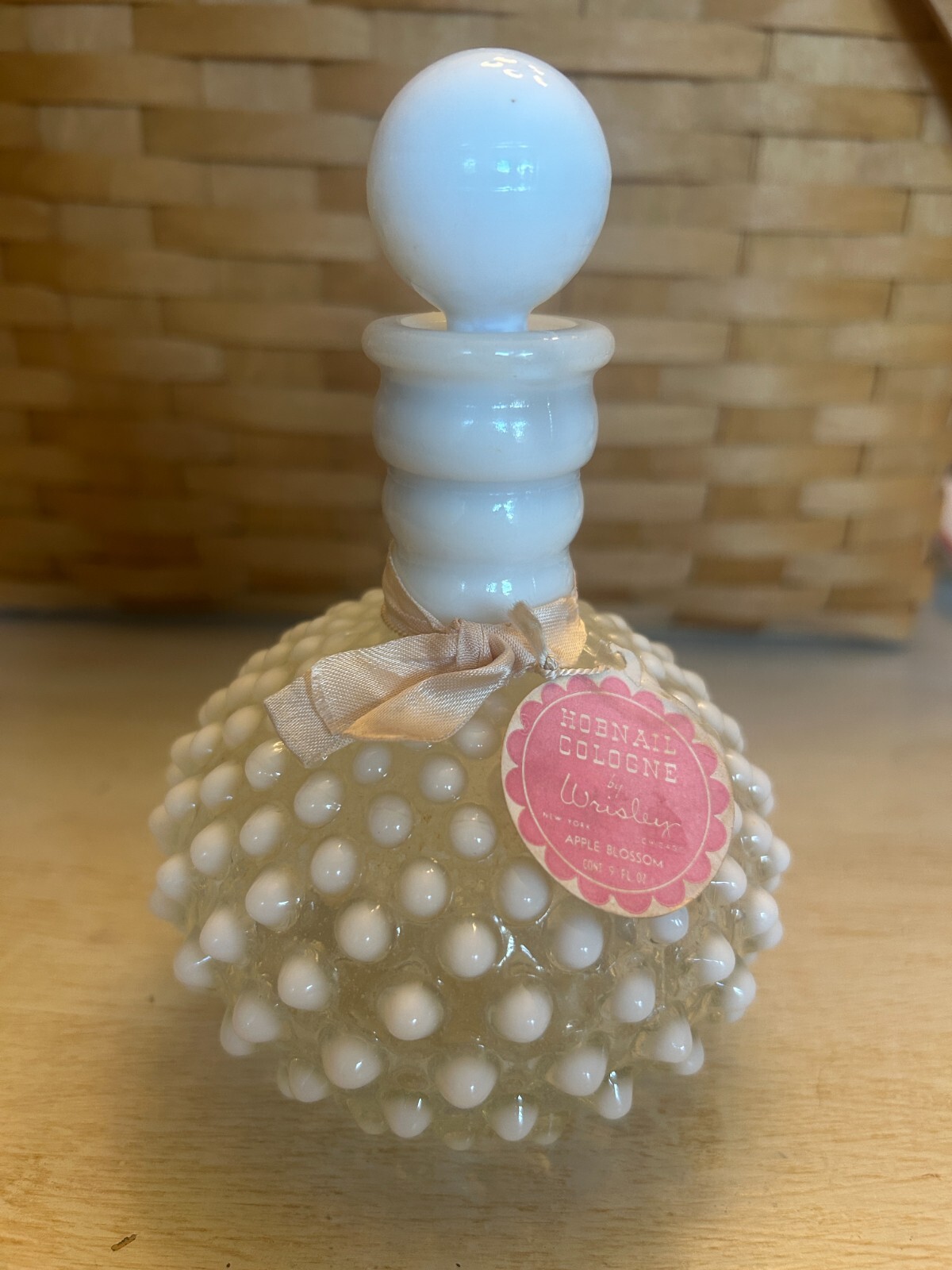 Vtg Fenton White Glass Opalescent Moonstone Hobnail Perfume Bottle & Stopper-