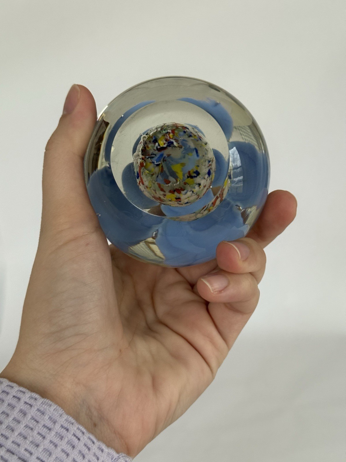Art Glass Paperweight Blown Abstract Blue Floral Colorful Confetti 1.3 Pounds