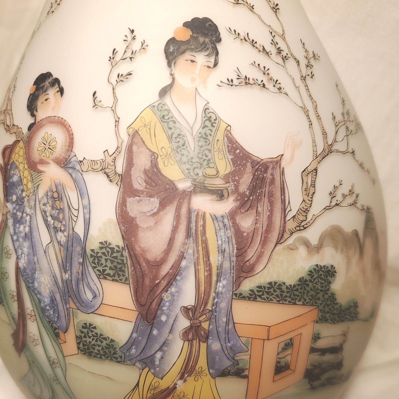 Vintage Norleans Satin Frosted White Glass Vase Asian Japanese Floral Italy