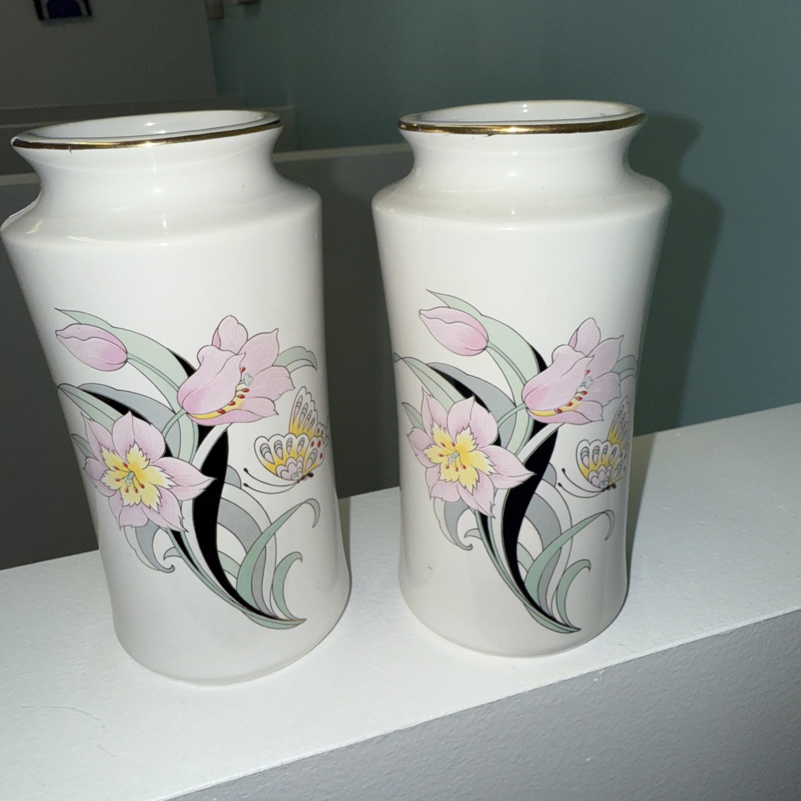 2 Vintage 80s Art Deco Revival White Ceramic Vase Pink Black Asian Butterfly