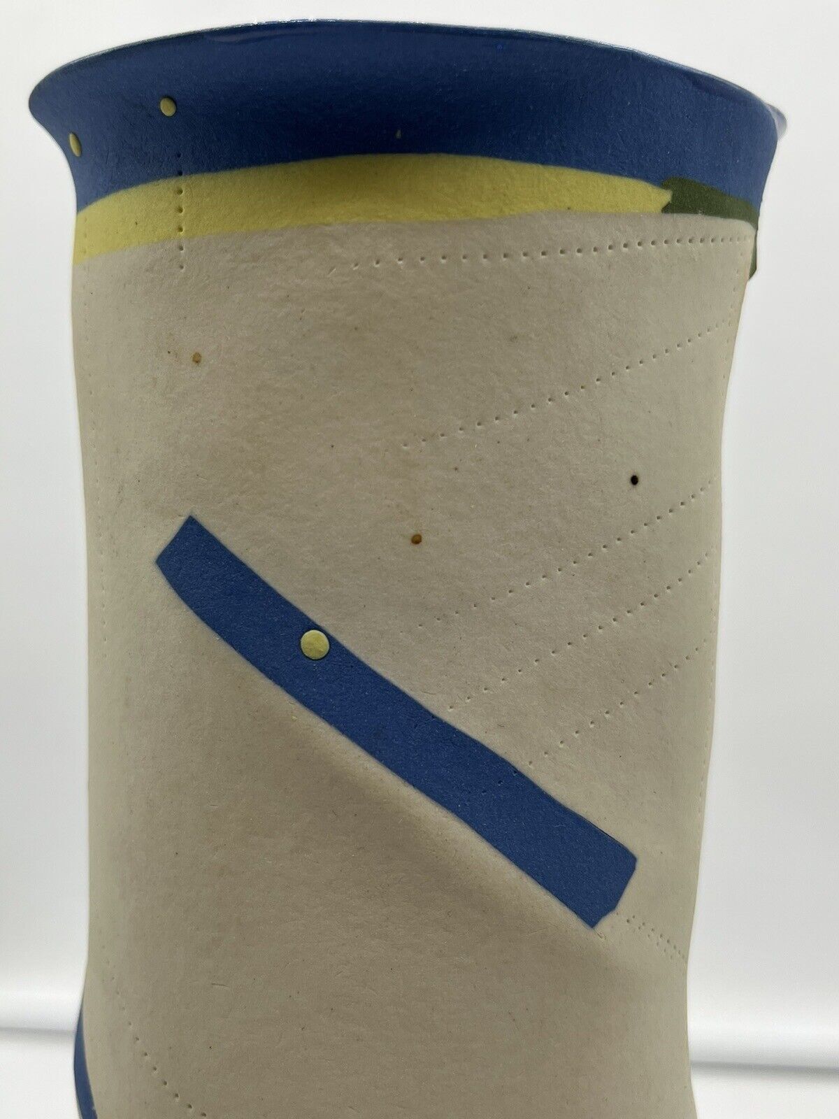 Vintage Pottery Vase SIGNED MAB 1985 Patchwork Stitch Fabric Memphis Style 10.5”