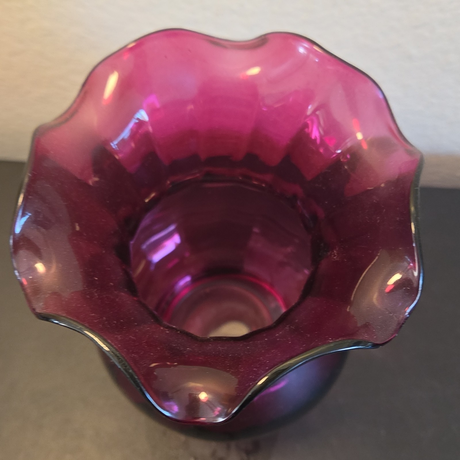 Unmarked Pink & Purple Glass Ruffled Rim Decorative Vase, 6in Tall