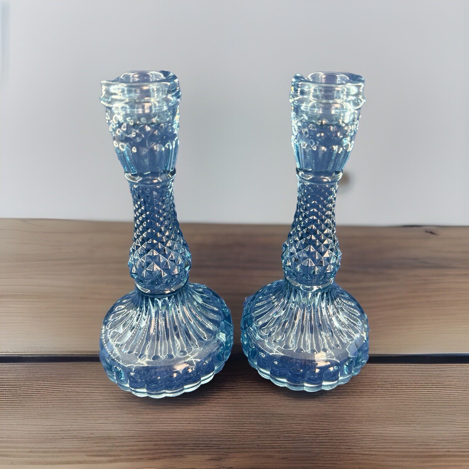 Lot of 2 Blue Glass Candle Holders 6 inches Tall Home Decor Decoration Table