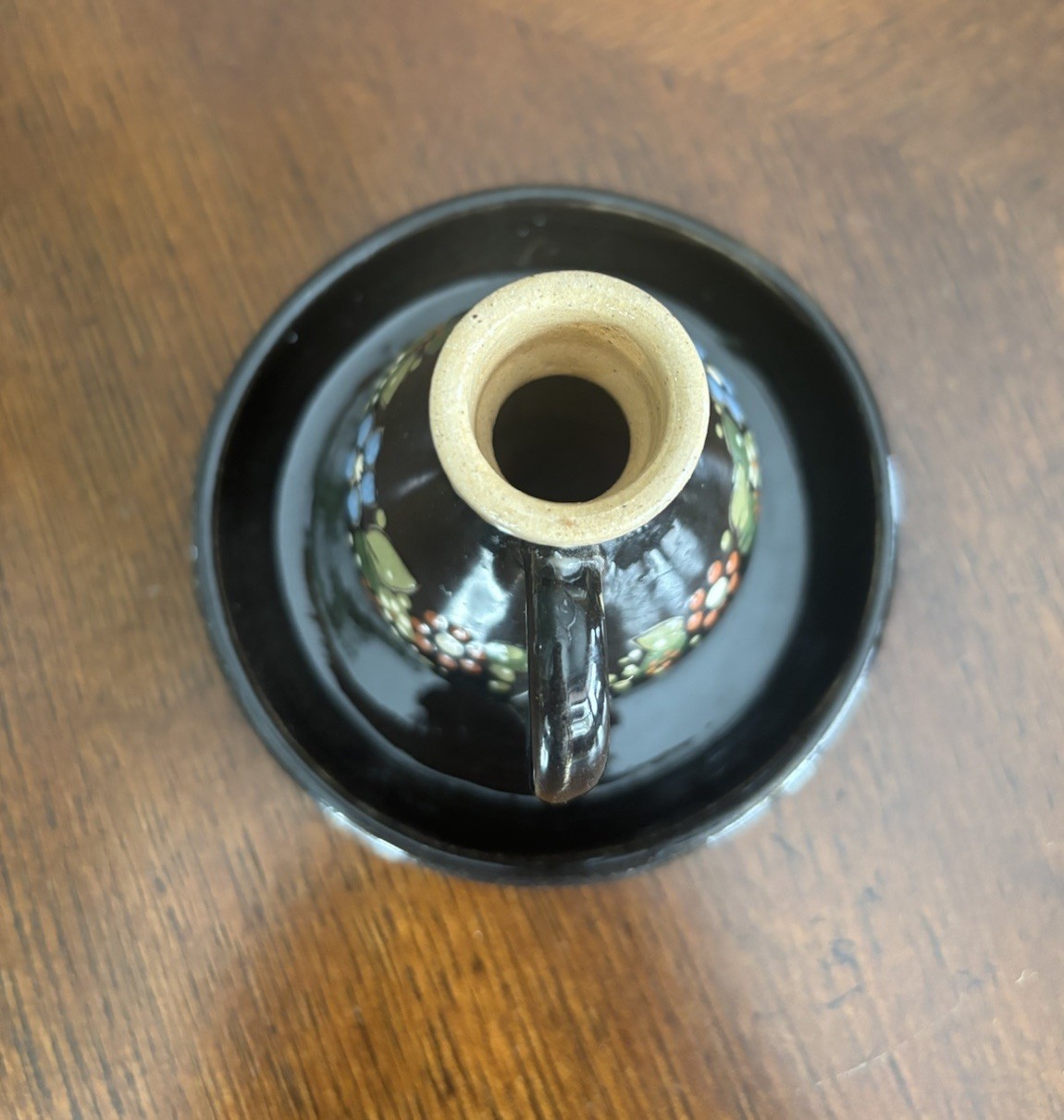 German Handarbeit Pottery Candle Holder Flower Glazed Vtg 4″ Pillar Vase Black