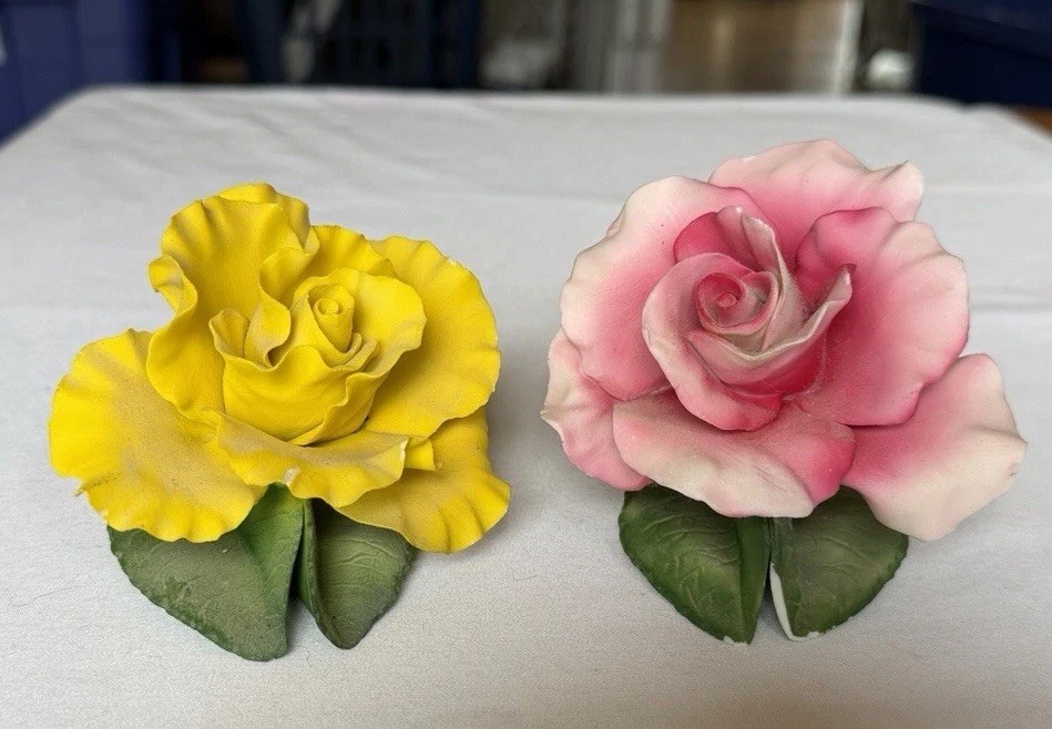 2 Capodimonte Italy Porcelain Roses – Pink And Yellow ***See Description