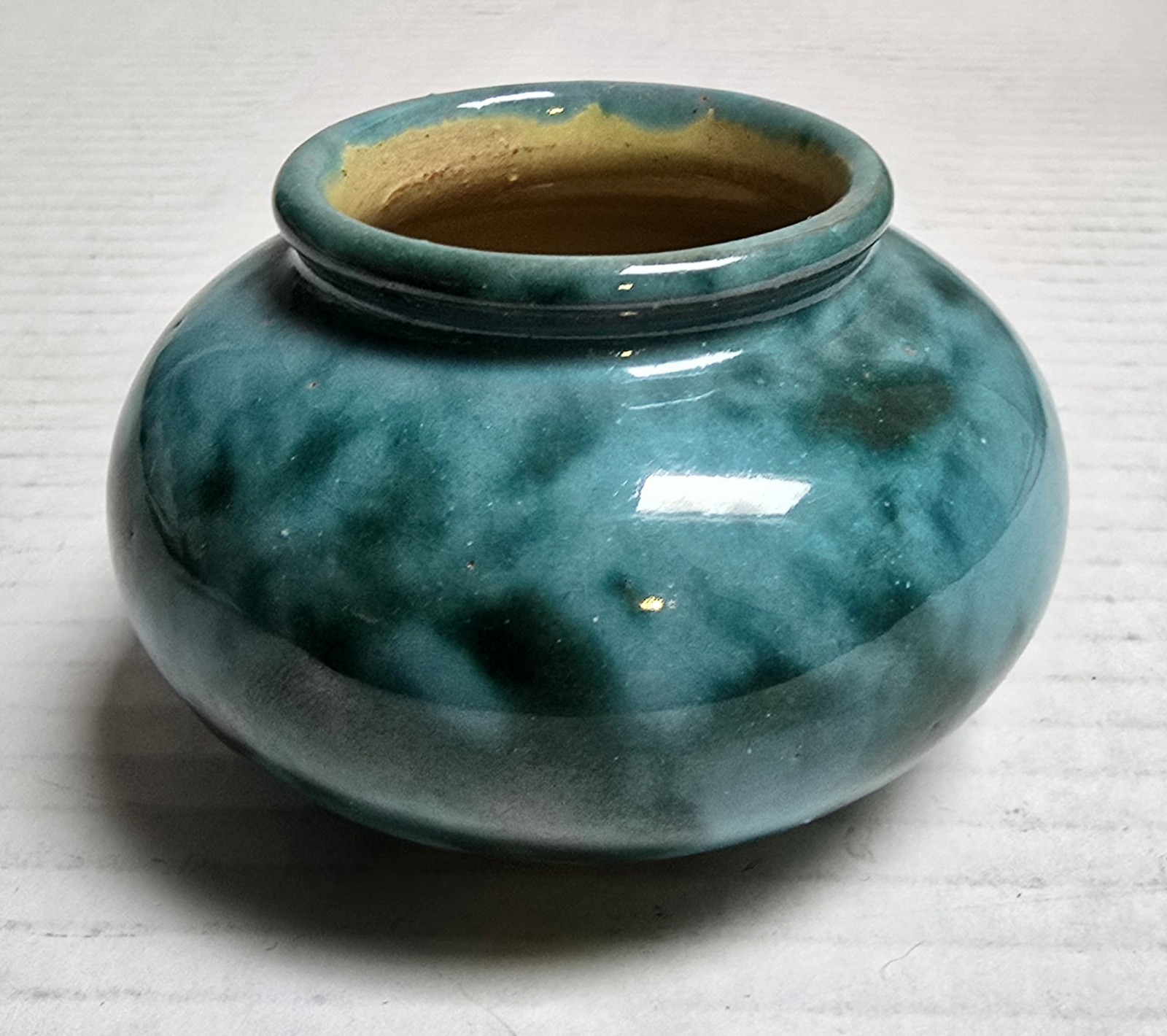 1900’s Anton Lang Pottery Mottled Blue & Green Glaze Vase Signed & Paper Label
