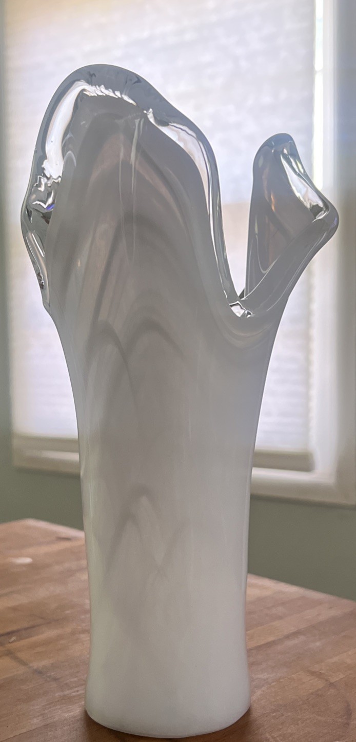 Vintage Murano Glass White Swirl With Scalloped Top Vase 10.5” Tall