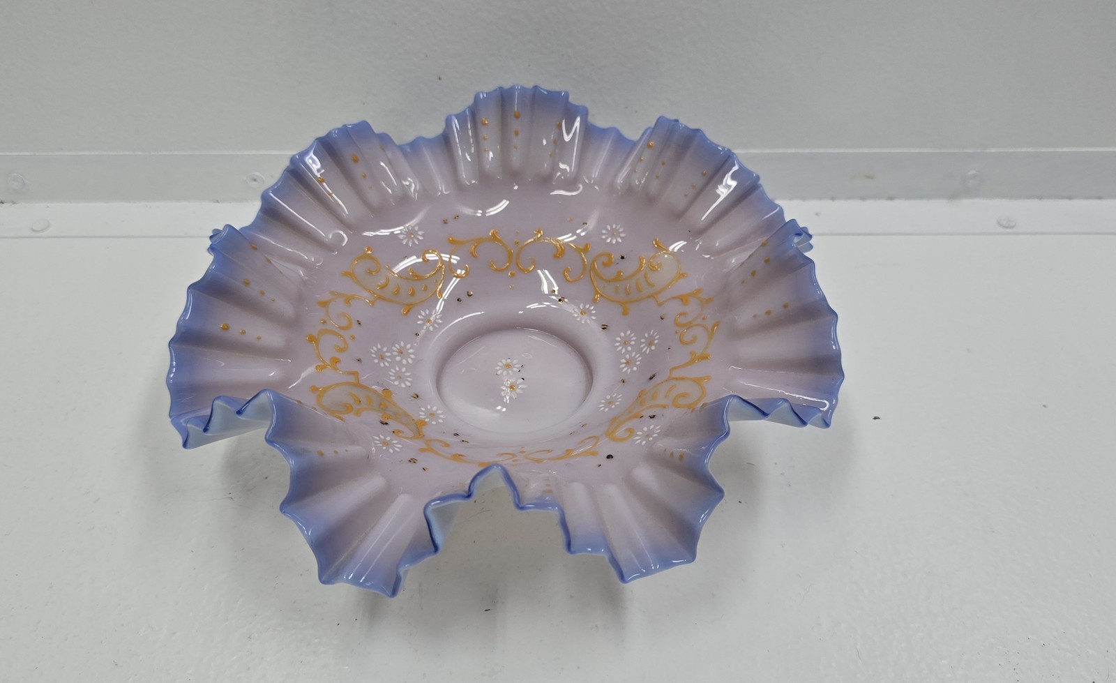 Antique Victorian Opalescent Art Glass Ruffled Bowl Lavender Blue Gold Floral
