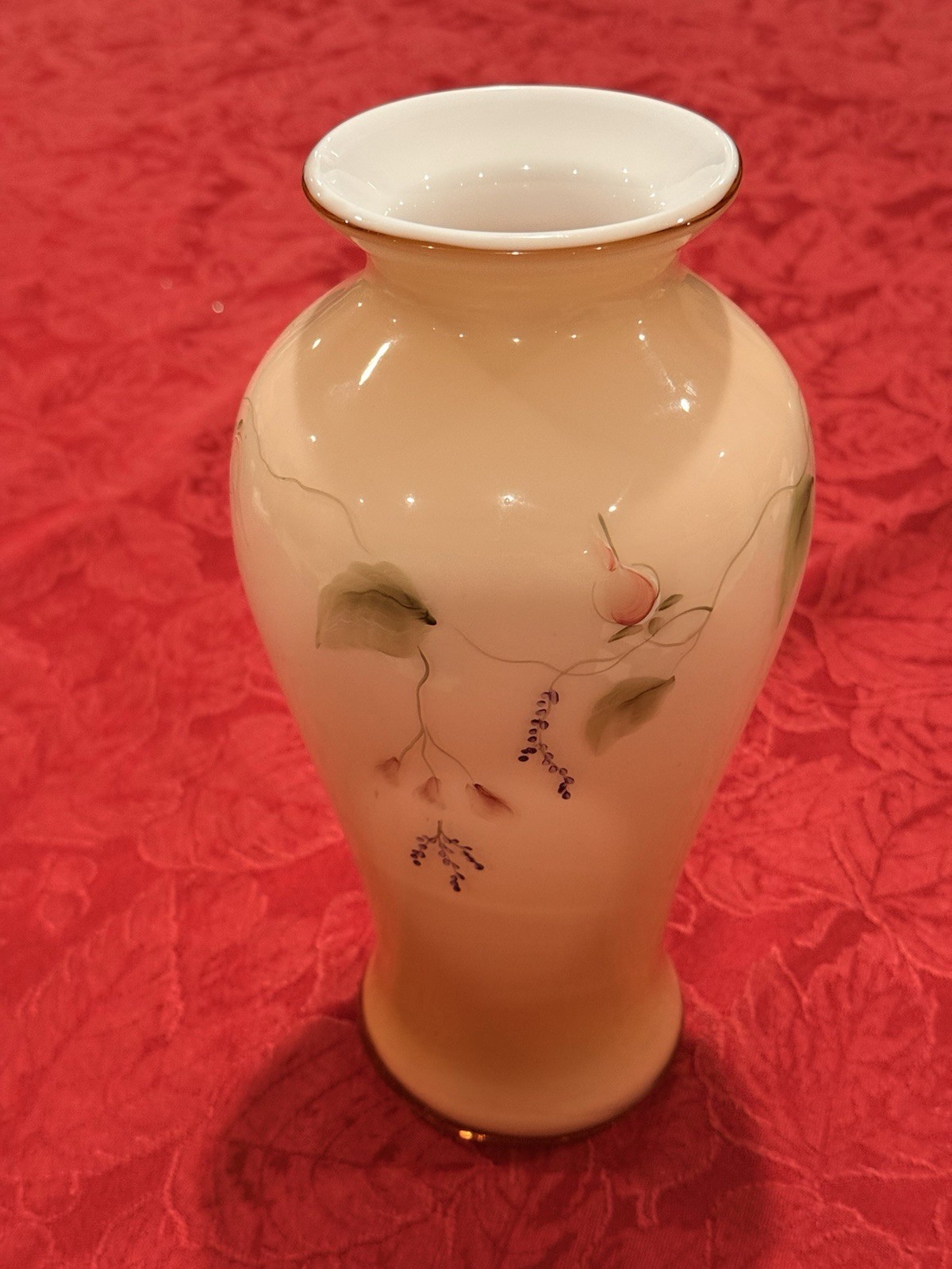 Fenton Satin Sunset Overlay Hand Painted “Princess Roses” Vase Signed Ex Cond