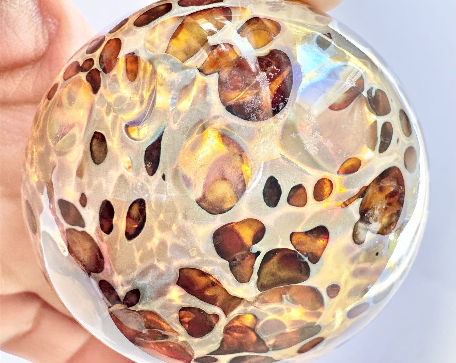 Vintage Iridescent Spotted Blown Art Glass Paperweight Signed Sharon Fujimoto