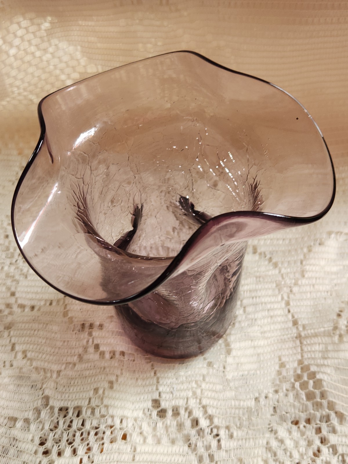 Crackle Blown Glass Fluted Vase Candleholder Amethyst Purple Orchid Dimpled Vtg