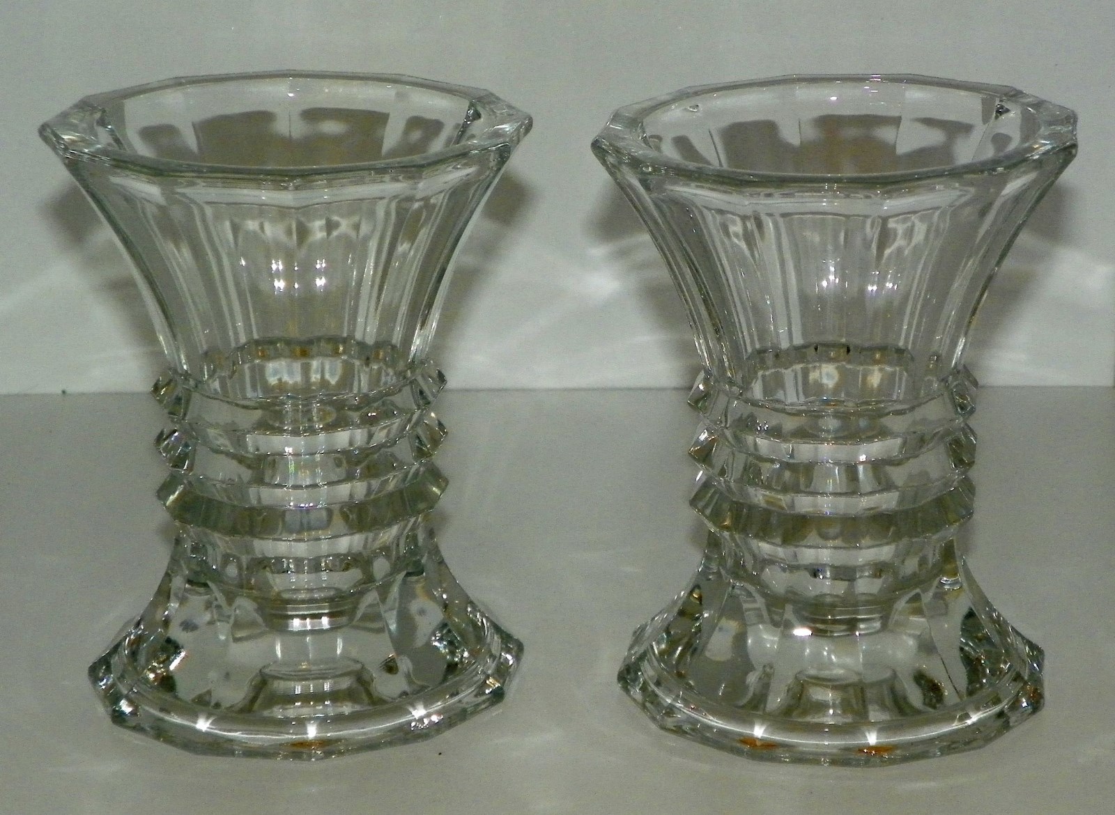 Optic Glass Candle Vases Pair Rib & Flat Panel Design 5 1/2 inches Tall