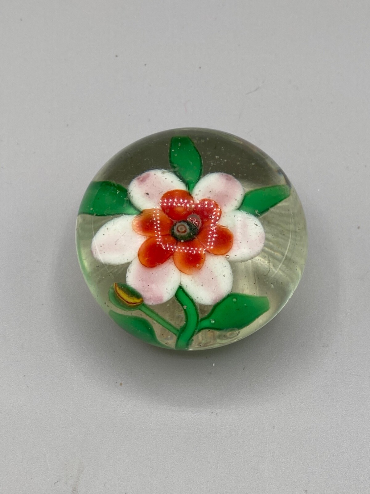 Antique Pink Red CLEMATIS FLOWER BUD Glass Paperweight GLOWS UNDER UV BLACKLIGHT