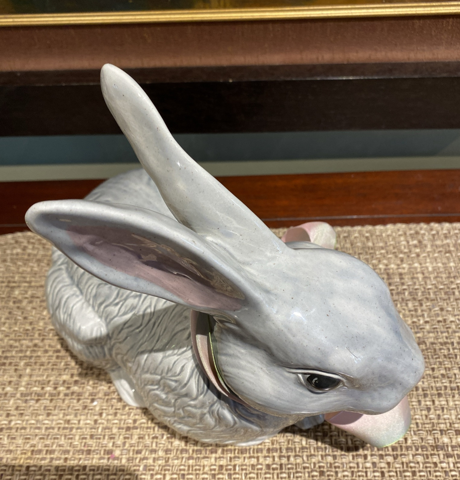 LARGE Realistic Grey Glazed Ceramic Bunny/Rabbit Sculpture 13”X11.5″ Home Decor