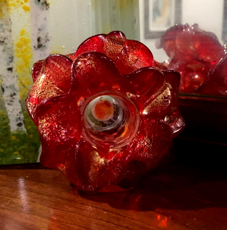 Mid Century Ruby Red Gold Aventurine MURANO Glass FLOWER Candle Holder 4 x 2.5″