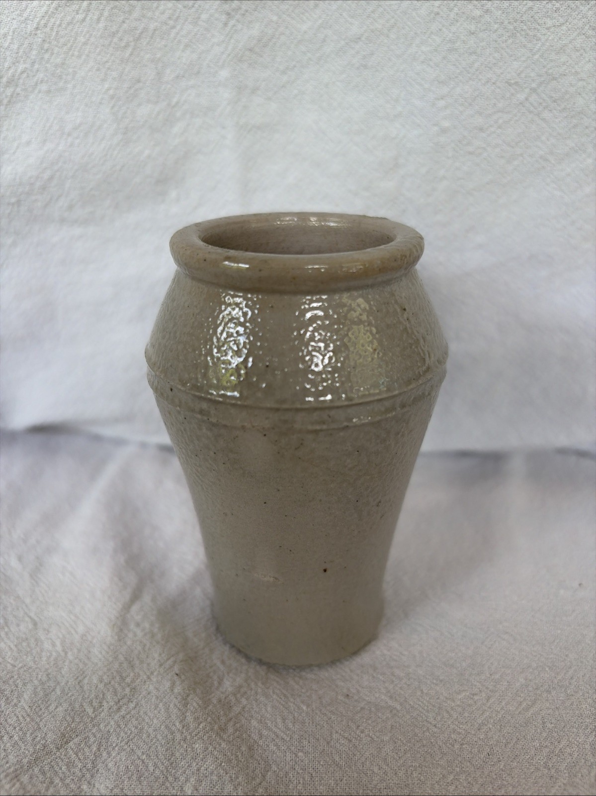 Antique Miniature 4″ Salt Glaze Stoneware Jar Flat Rim Tapered w Ringed Shoulder