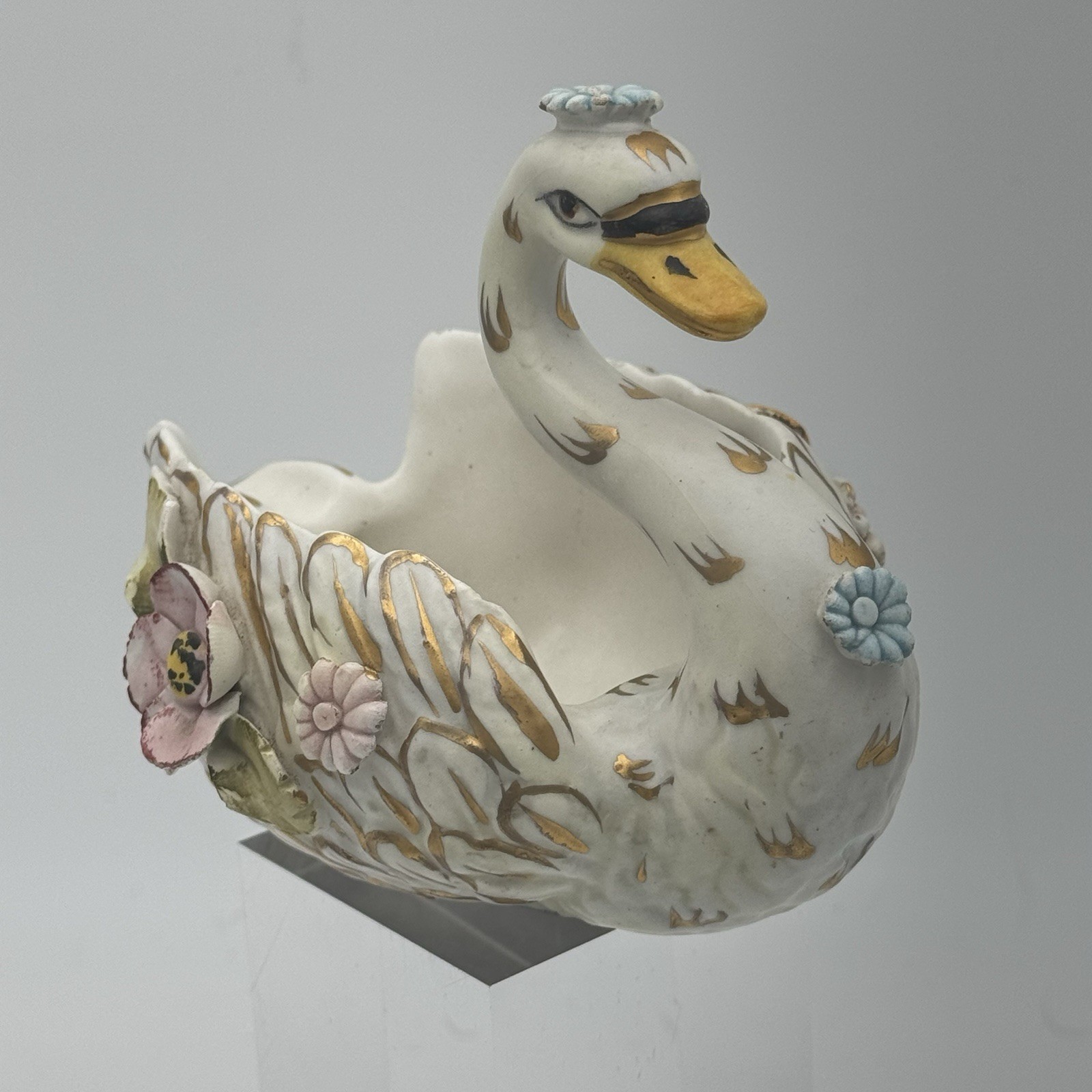 Vintage 50’s-60’s Ardalt Fiori Antico Swan Bowl Gilded w/ Flowers No Chips Italy