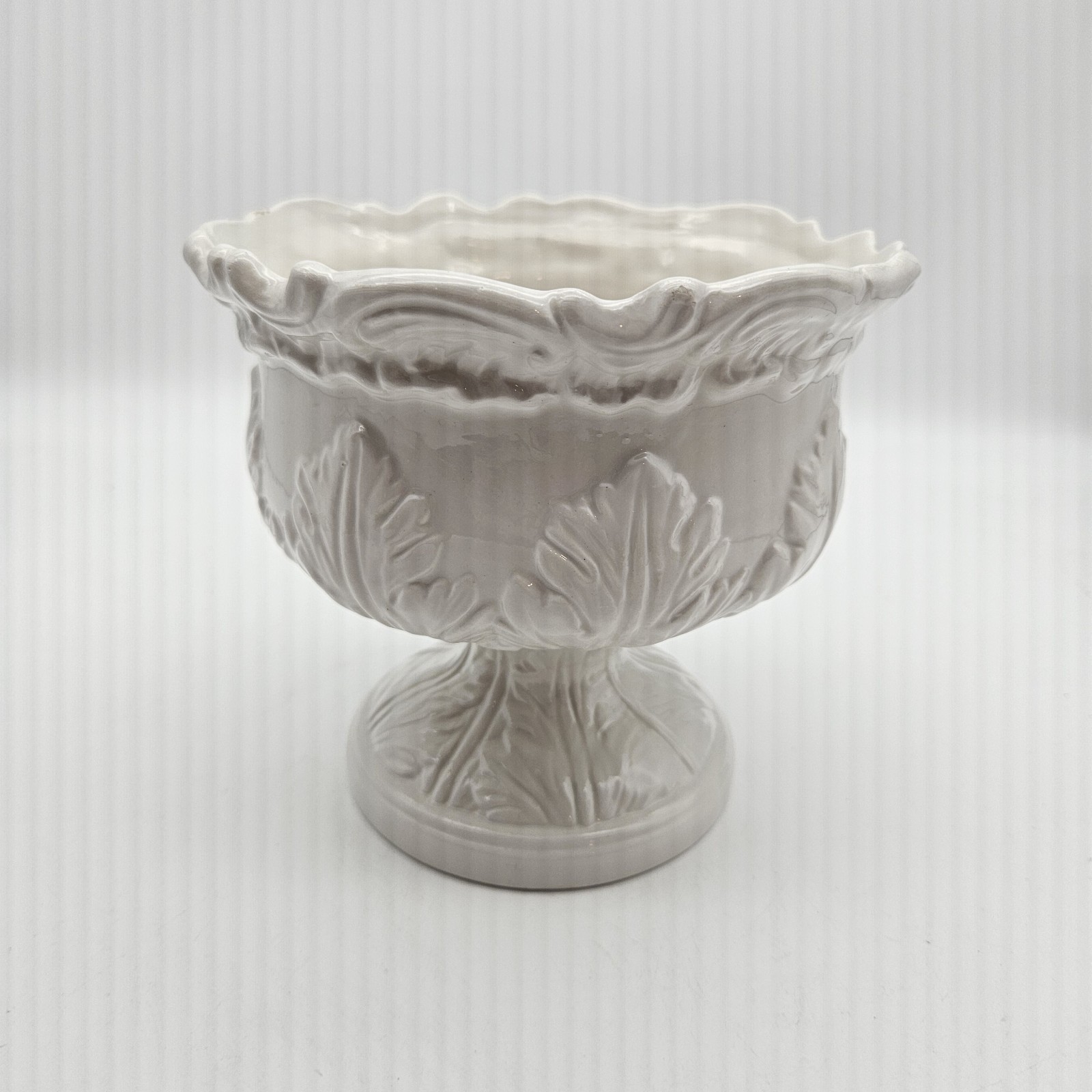 Vintage Italian Footed White Planter With A Raised Leaf Pattern