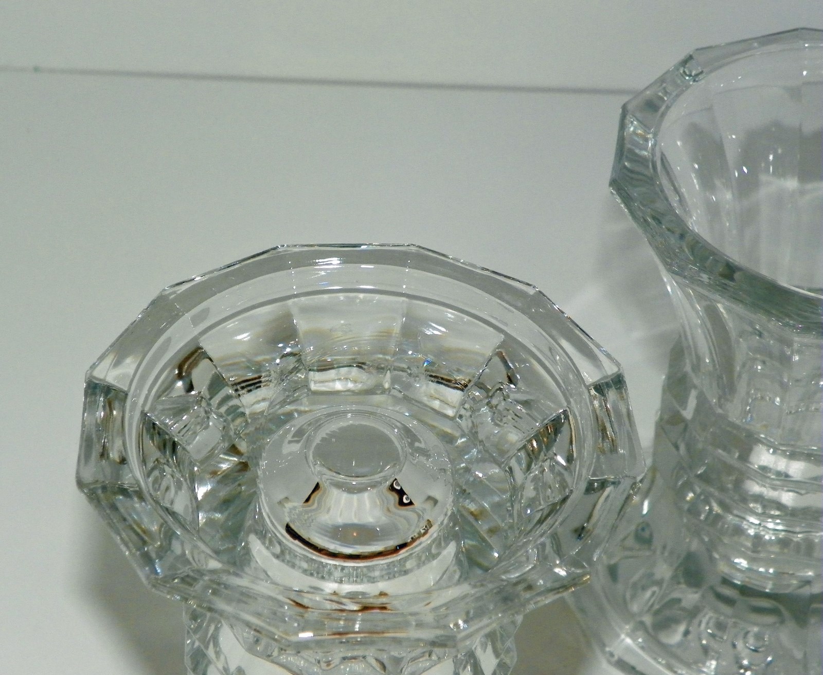 Optic Glass Candle Vases Pair Rib & Flat Panel Design 5 1/2 inches Tall