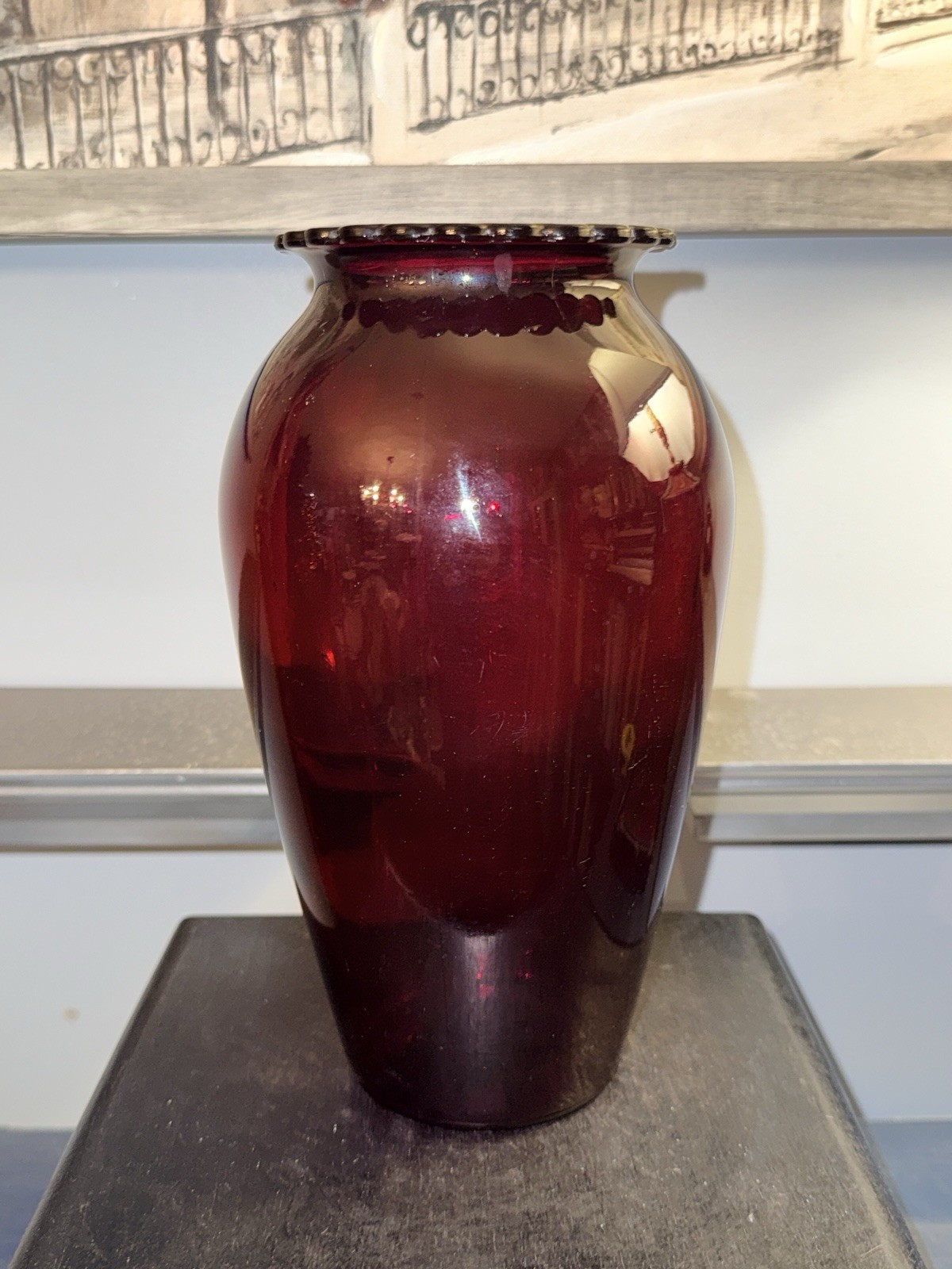 Vtg Royal Ruby Red 9″ Scalloped Top Vase by Anchor Hocking-EUC