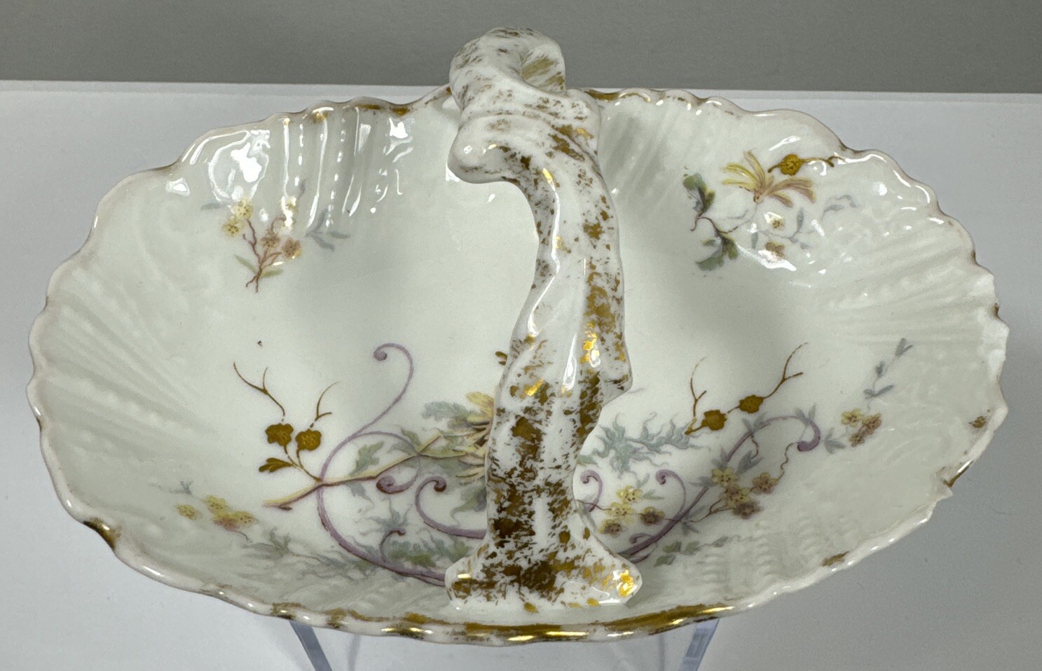 Antique Limoges Hand Painted Floral & Gold Gilt Handled Basket Dish See Descrip.