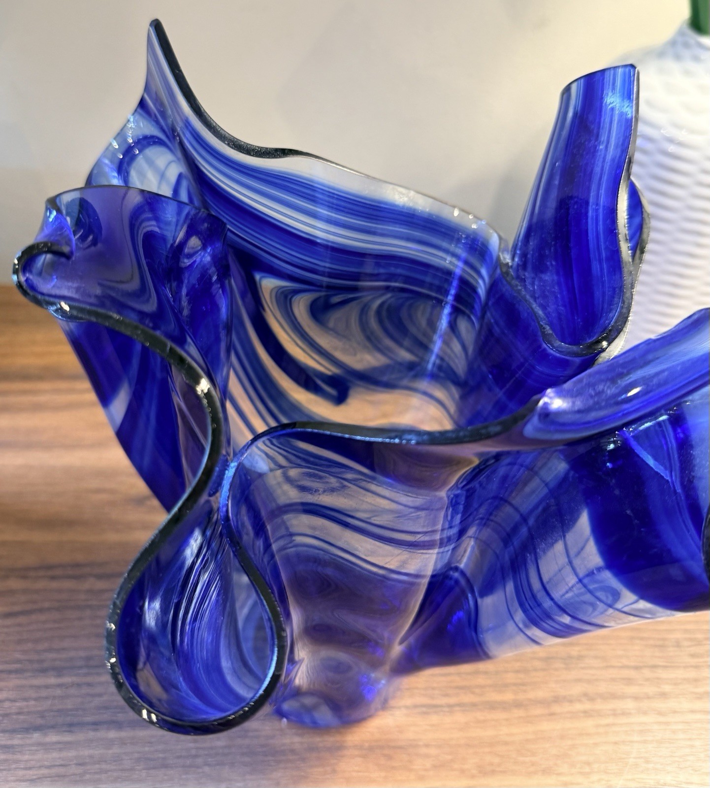 Vintage Cobalt Blue and White Hand Blown Handkerchief Vase 8 in Tall