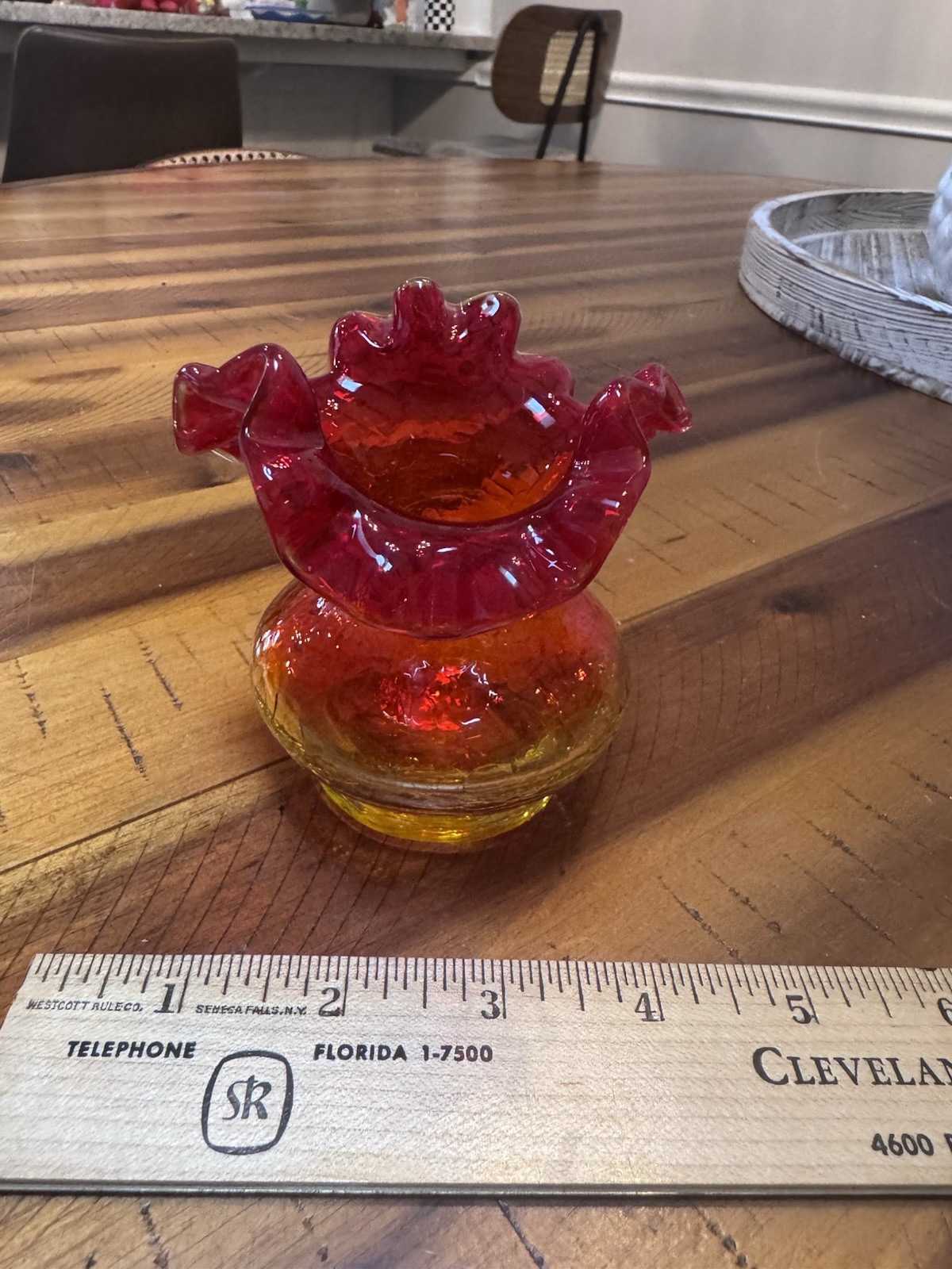 Vintage Amberina Crackle Glass Vase Mid Century Ruffled Rim CHIP Red Yellow