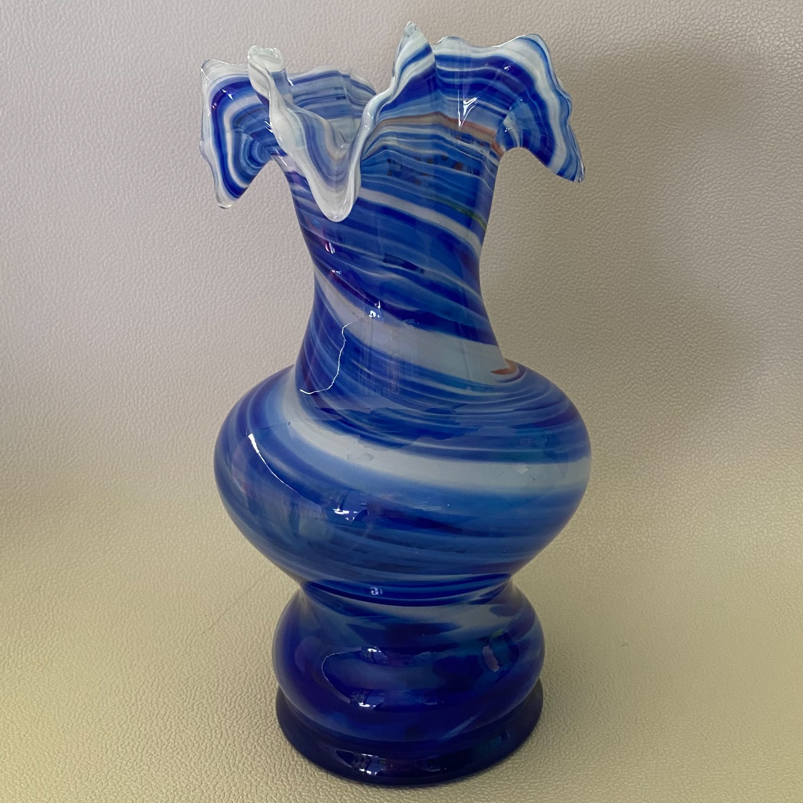 Red White & Blue Swirl Glass Vase Ruffle Top Hand Blown 8″ 4th of July