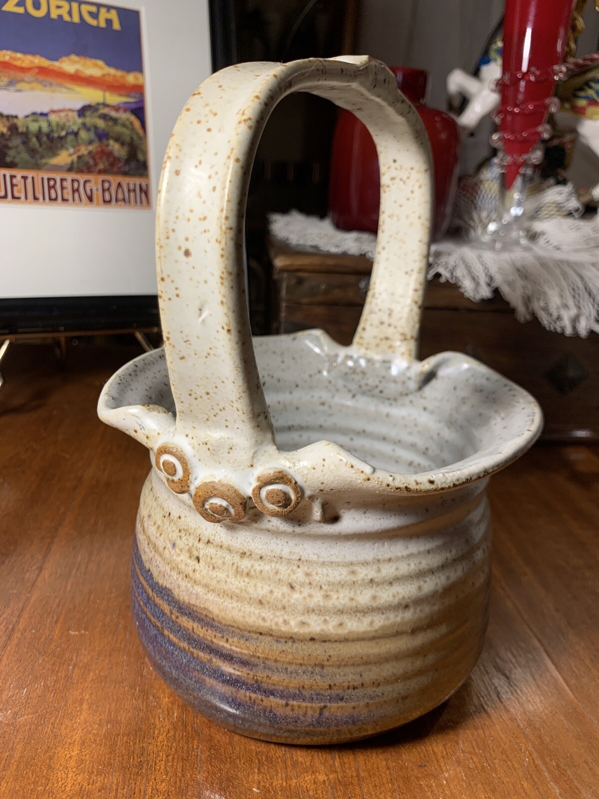 Mid Century Studio Art Pottery Handled Basket~Vessel~Container~EUC