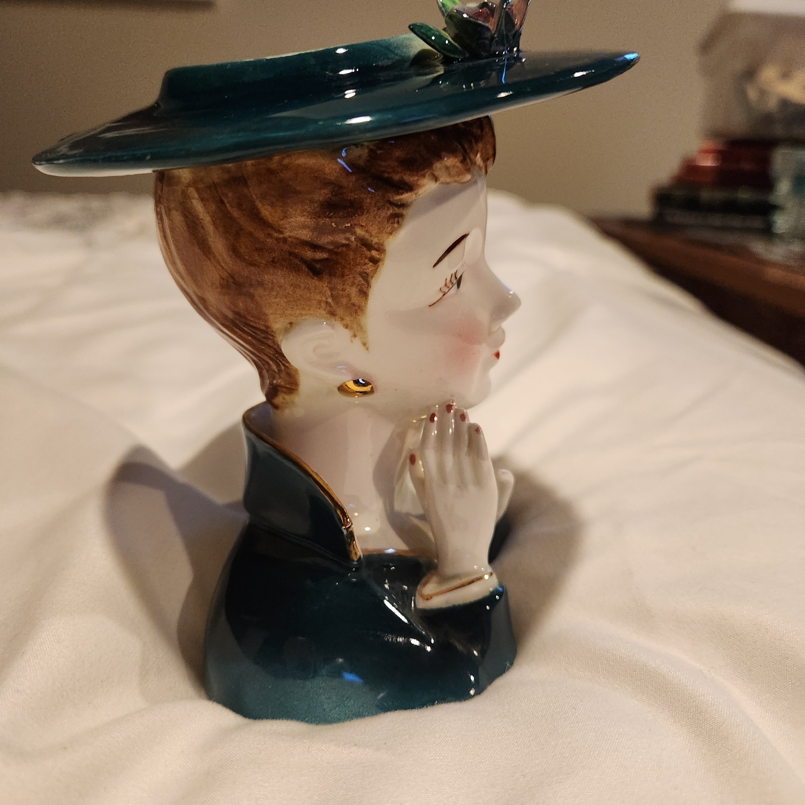 Vintage Lefton Lady Head Vase – Deep Turquoise Color-Great Condition