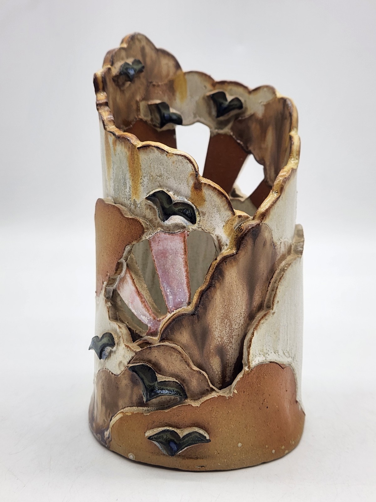 Studio Art Pottery Clay Candle Holder Wrapped Luminary Lantern Sun Clouds Birds