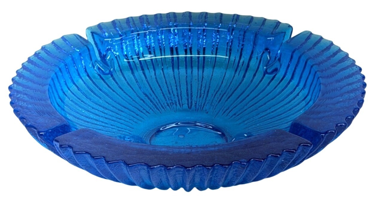 Blenko Blue Glass MCM Mid Century Modern Wayne Husted Sunburst Starburst Ashtray