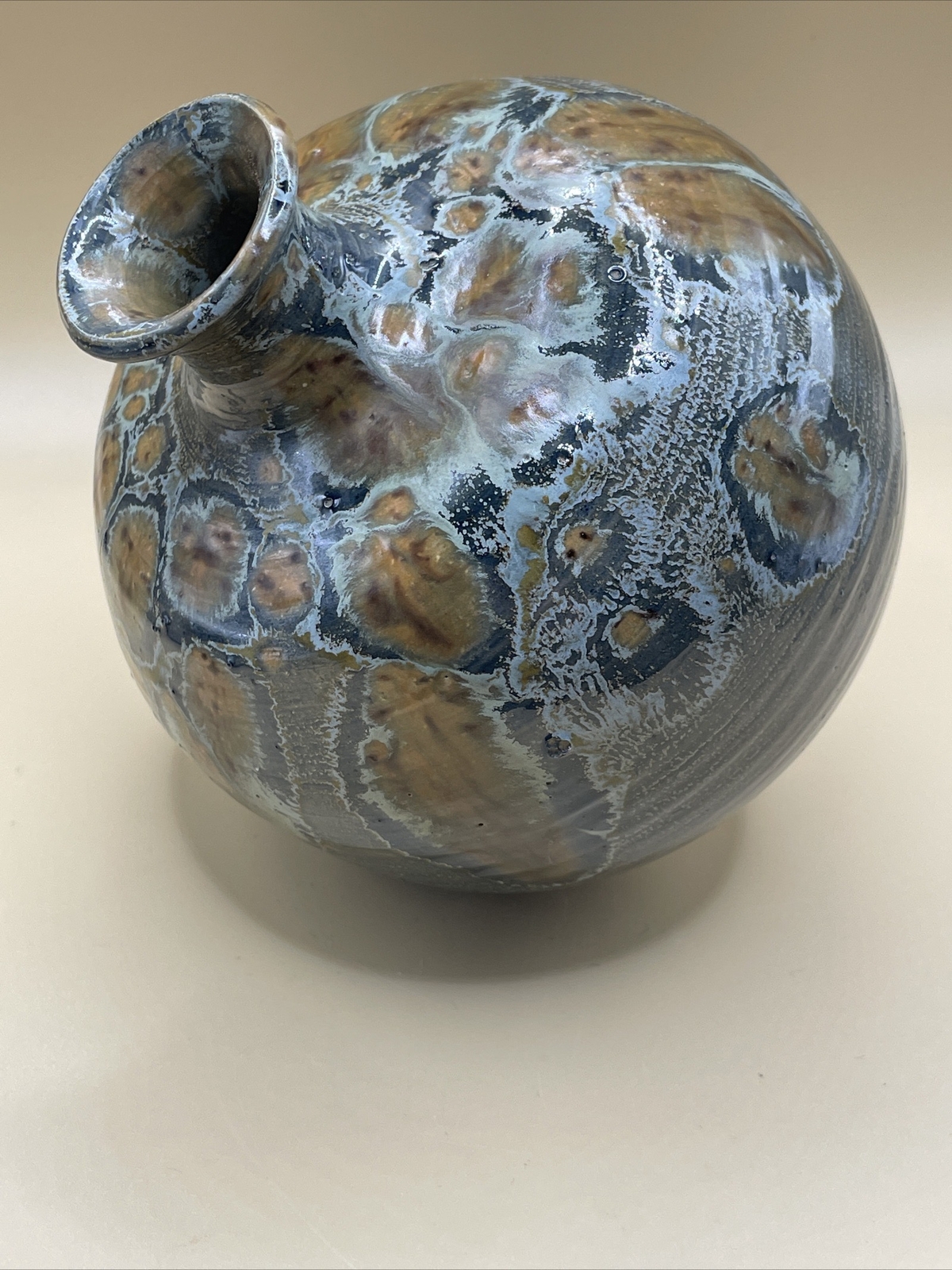 Art Pottery Round Bud Vase Brown/Blue/Gray Spotted Signed- Home Table Decor