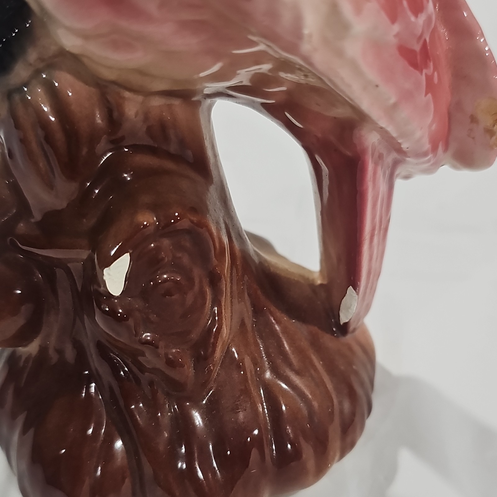 Pink & White Ceramic Cockatoo Figurine on Brown Tree Stump Base, Glossy