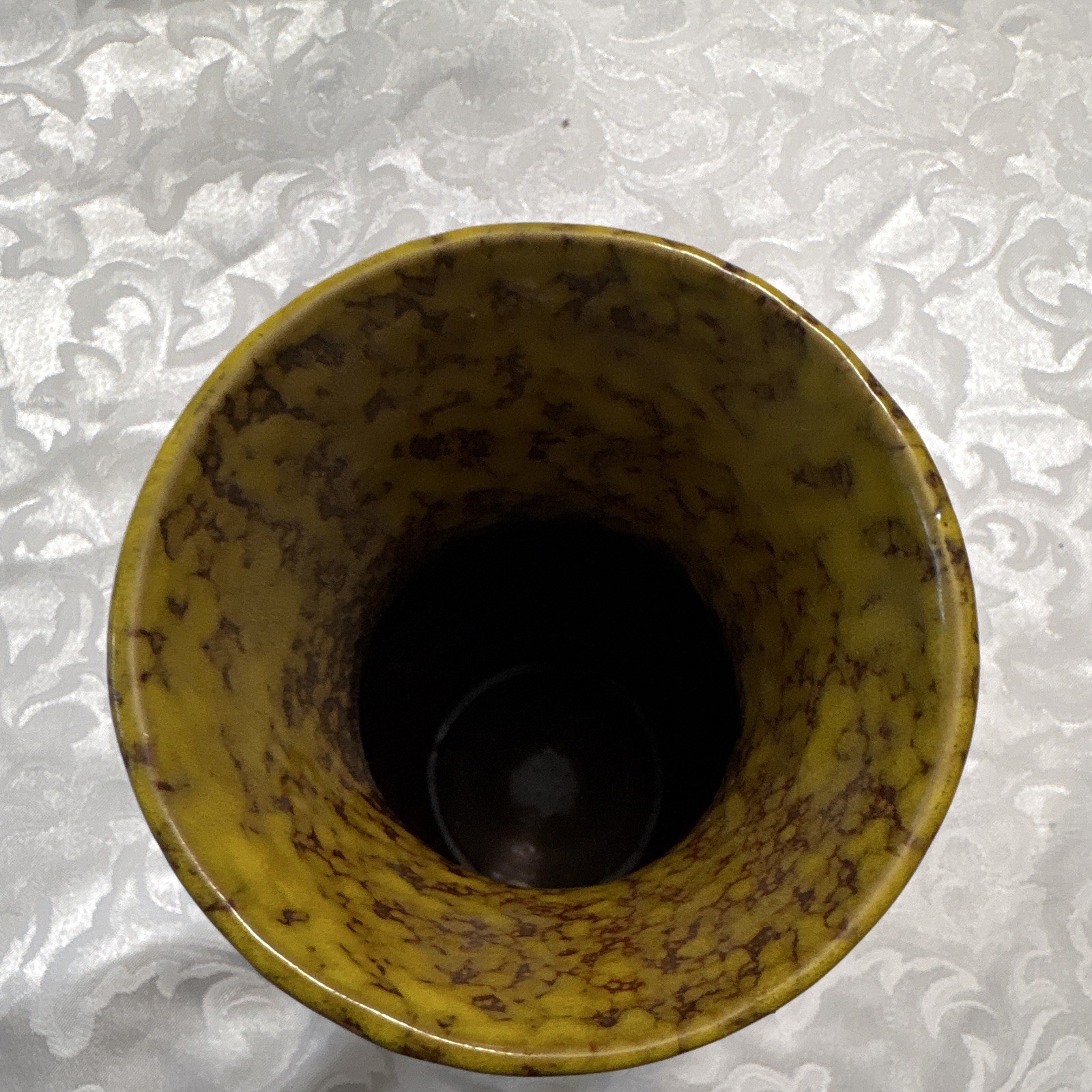 Yellow Brown Speckled Ribbed Textured Ceramic Vase, Glossy Finish