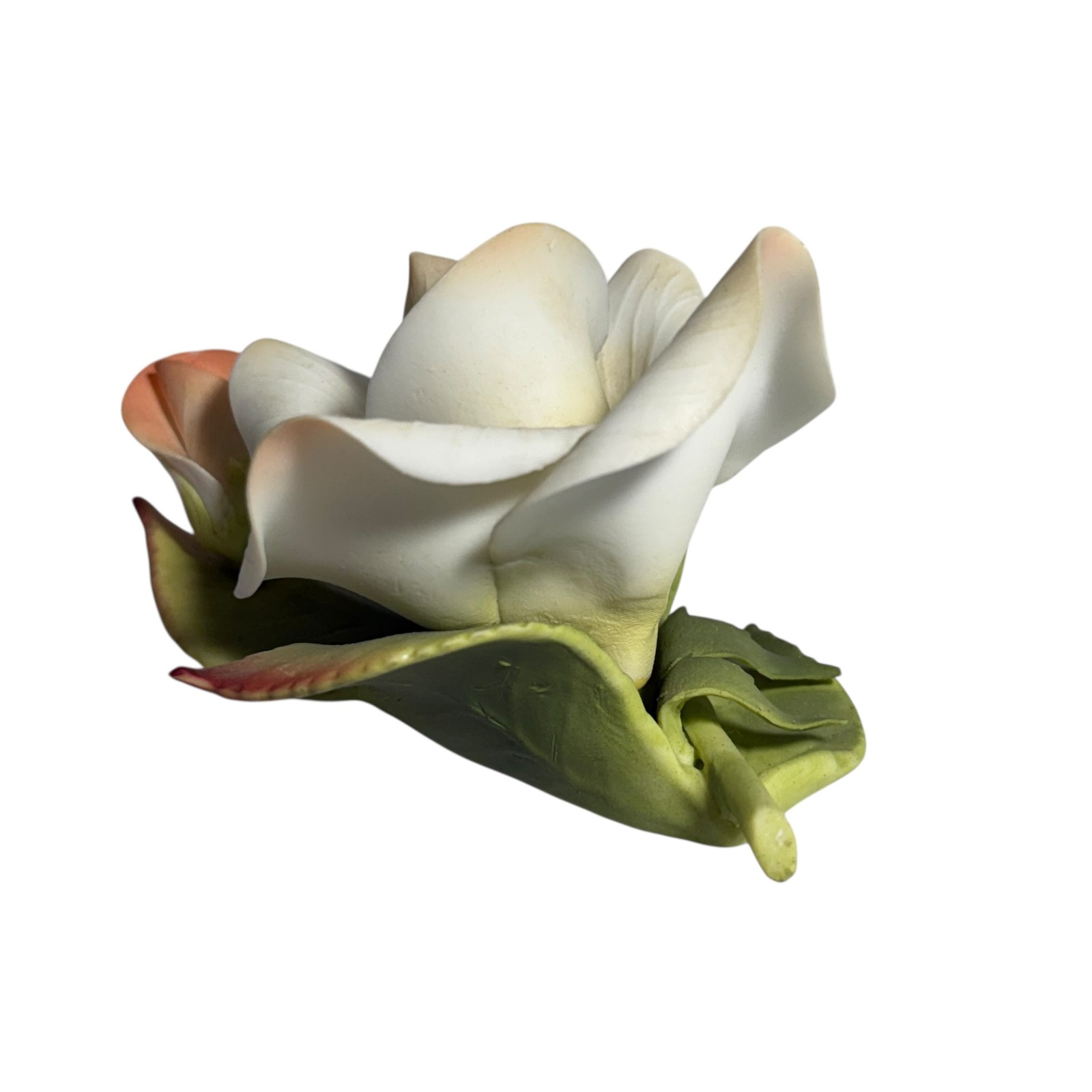 Porcelain Rose Figurine Capodimonte Style White Peach Green Botanical Flower