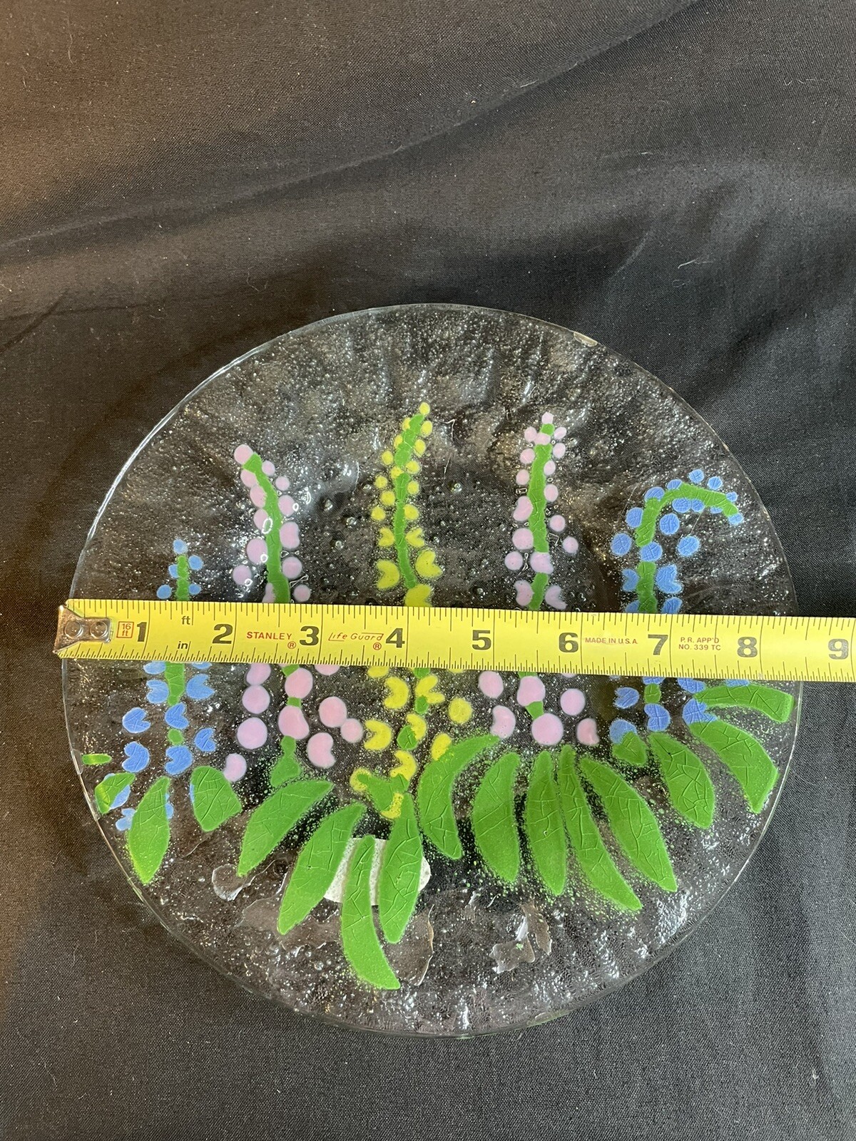 Lee Fusion Art Glass Plate Flowers 8.25” Crazing In Paint Winter Harbor Maine
