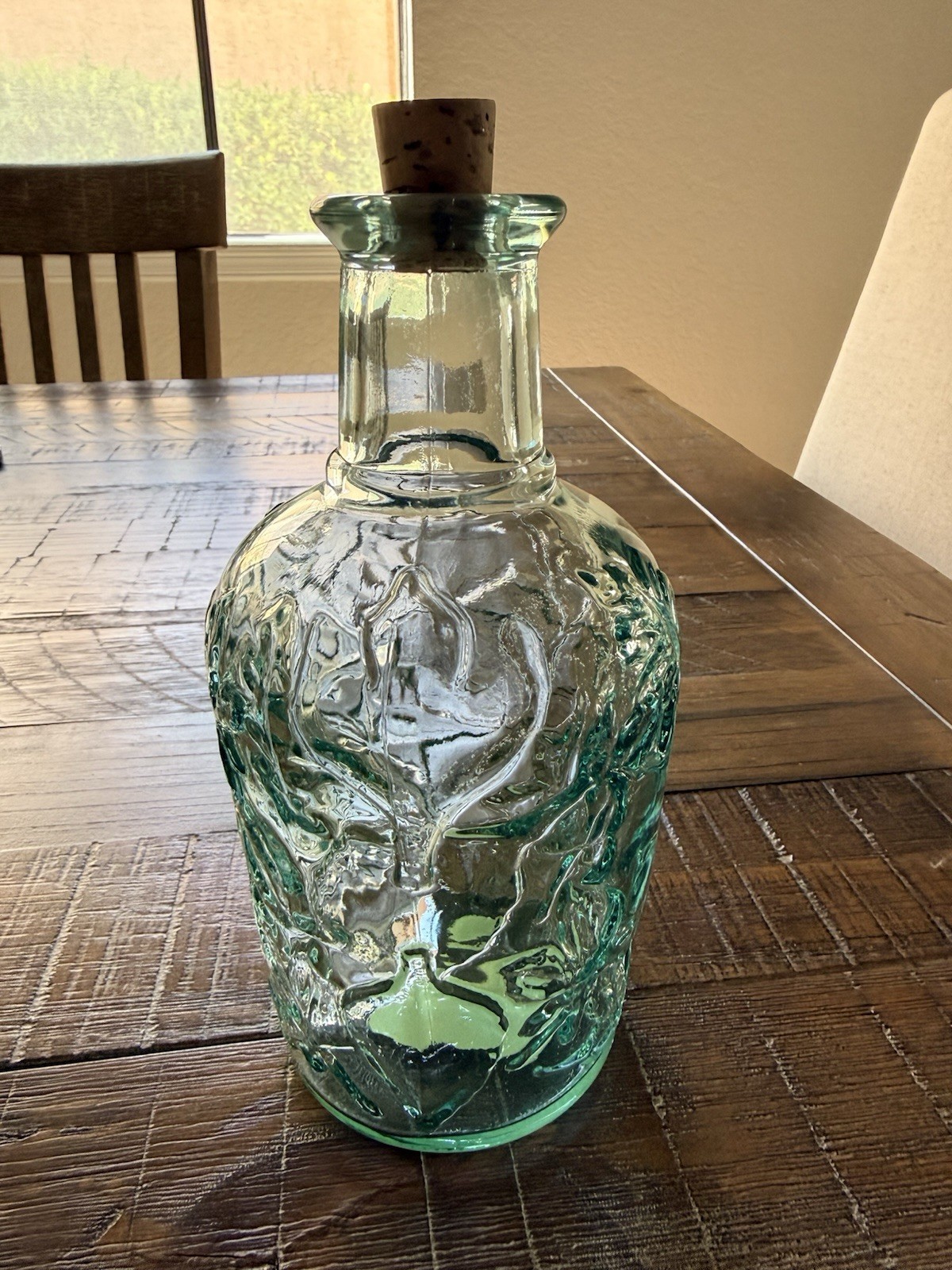 Vintage Libbey Glass Bottle Leaf Pattern Cork Stopper Light Green Decanter 8.5in