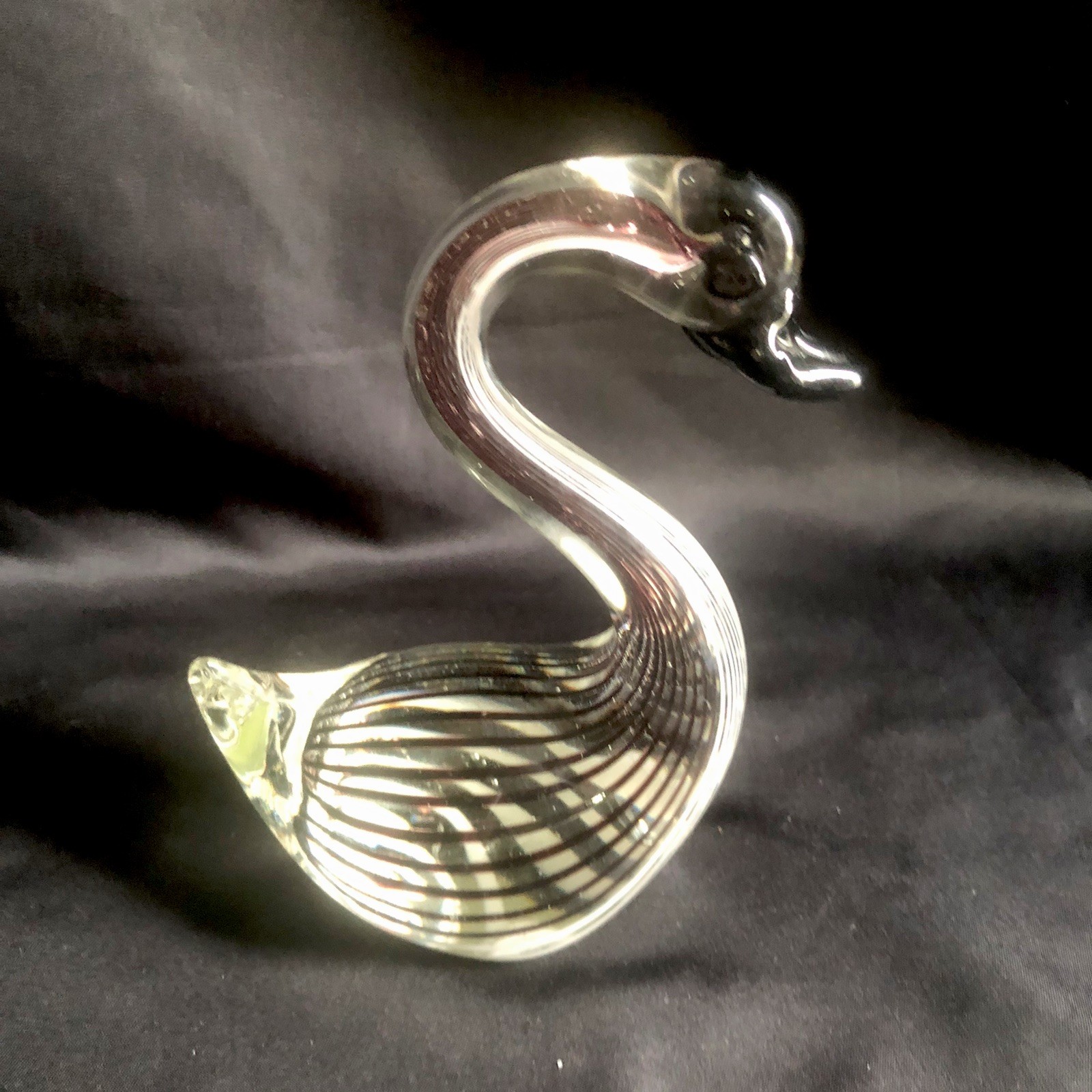 Murano Style Art Glass Swan Figural – Clear glass over black with white stripes