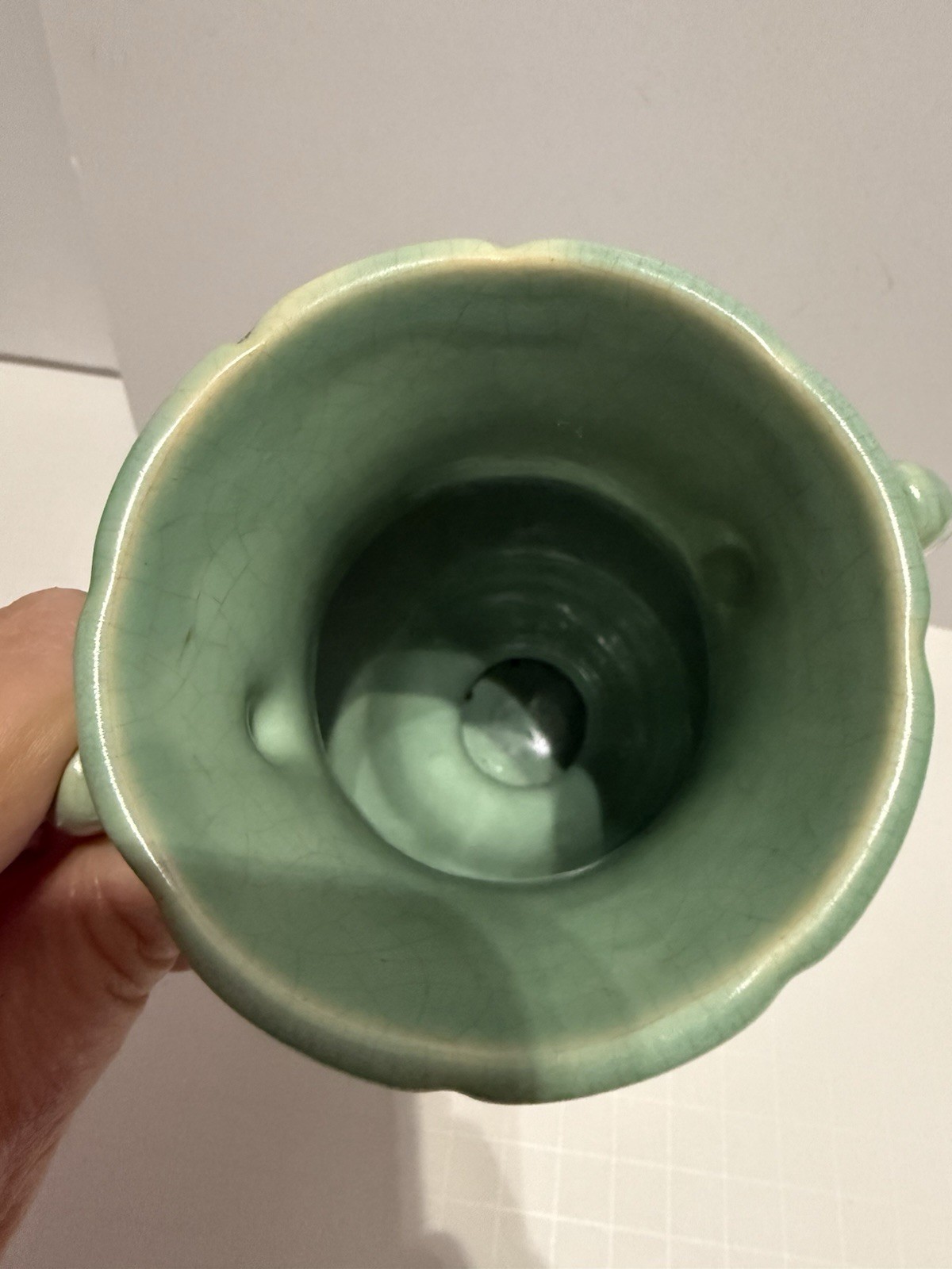 Vintage Weller Pottery Green Aqua Vase Handles White Cameo Rose Pattern 7 3/8”